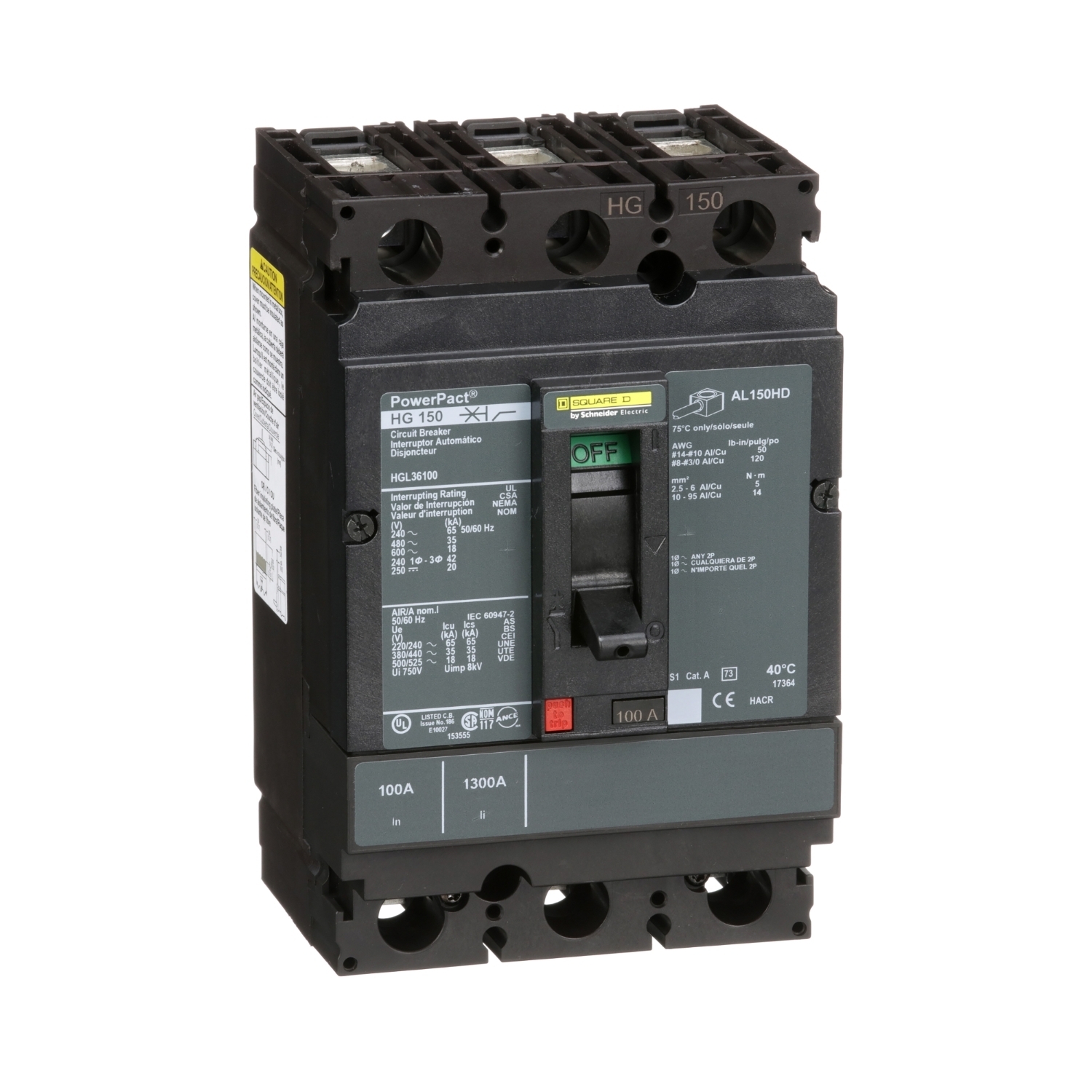 HGL36100 PowerPact 80% Rated Type HGL Molded Case Circuit Breaker, 600 V AC/250 V DC, 100 A, 65 kA at 240 VAC/35 kA at 480 VAC/18 kA at 600 VAC/20 kA at 250VDC Interrupt, 3 Poles, Thermal Magnetic Trip
