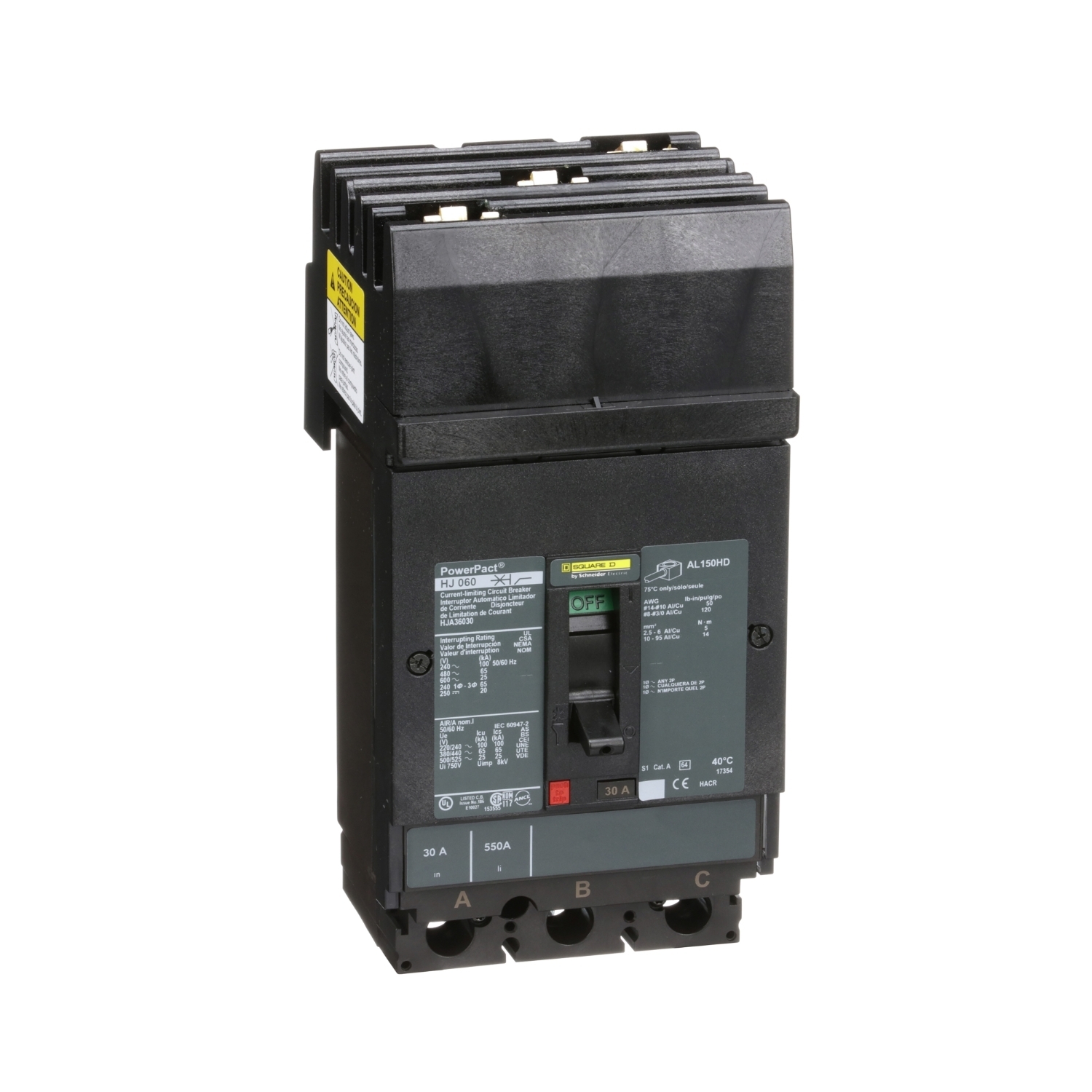 HJA36030 PowerPact 80% Rated Type HJA Molded Case Circuit Breaker, 600 V AC/250 V DC, 30 A, 100 kA at 240 VAC/65 kA at 480 VAC/25 kA at 600 VAC/20 kA at 250VDC Interrupt, 3 Poles, Thermal Magnetic Trip