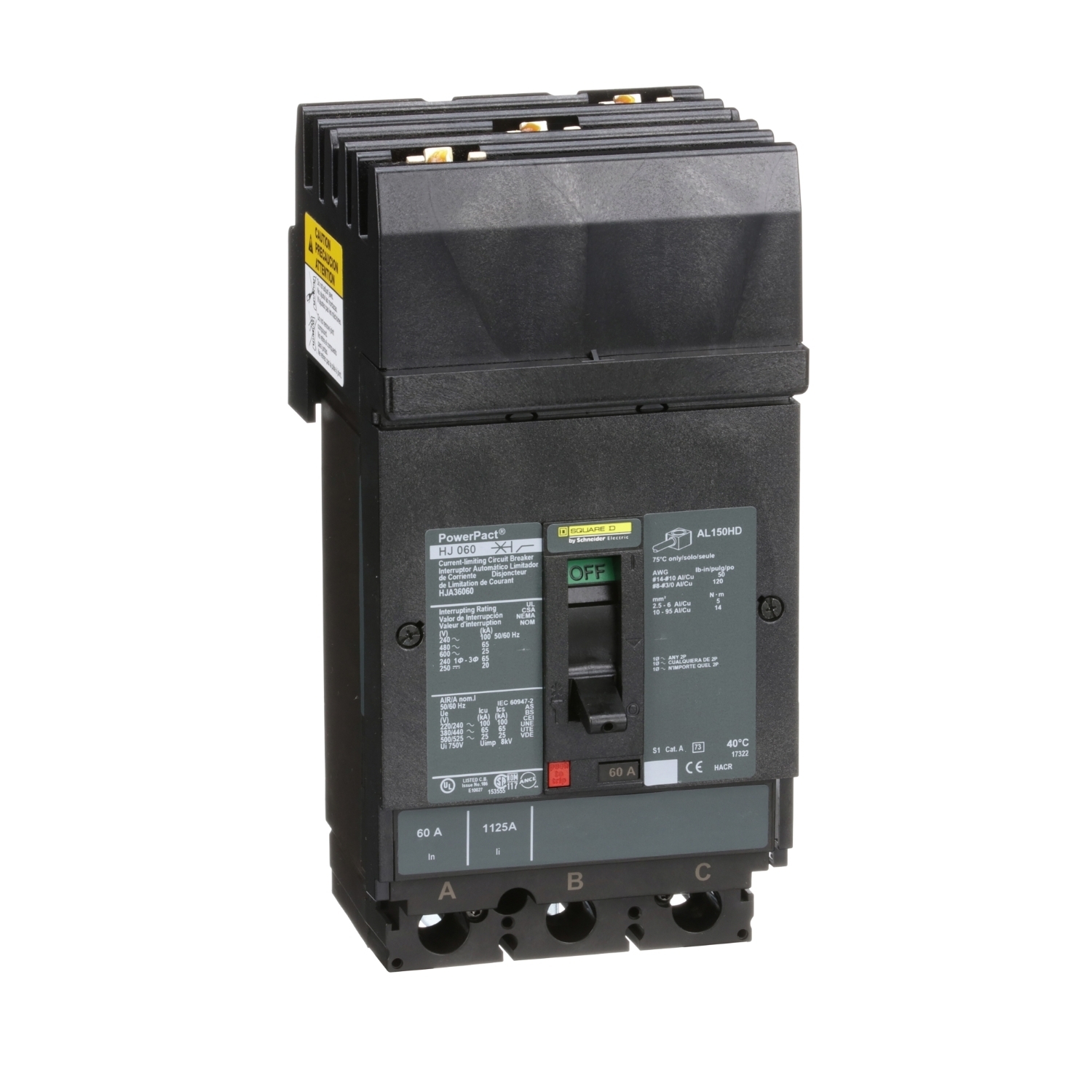 HJA36060 PowerPact 80% Rated Type HJA Molded Case Circuit Breaker, 600 V AC/250 V DC, 60 A, 100 kA at 240 VAC/65 kA at 480 VAC/25 kA at 600 VAC/20 kA at 250VDC Interrupt, 3 Poles, Thermal Magnetic Trip