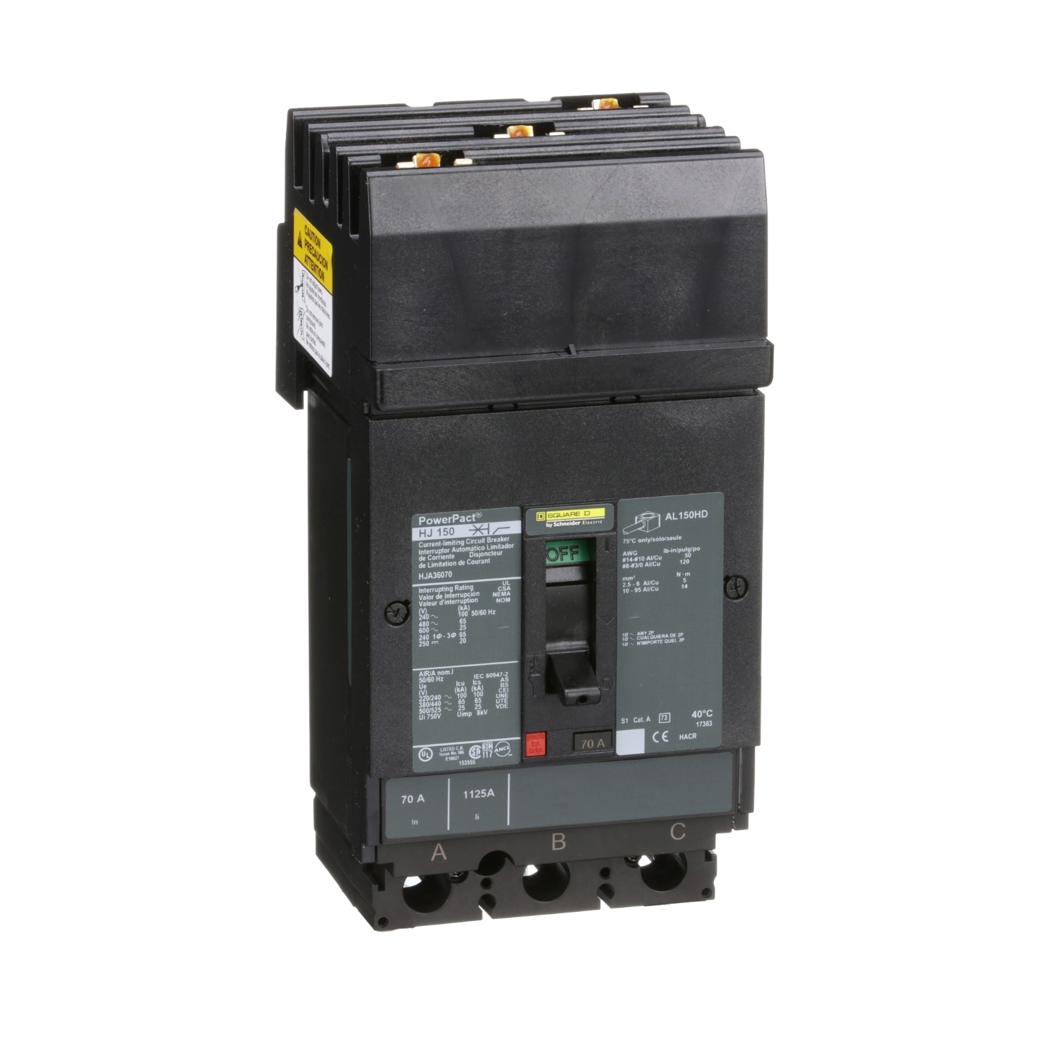HJA36070 PowerPact 80% Rated Type HJA Molded Case Circuit Breaker, 600 V AC/250 V DC, 70 A, 100 kA at 240 VAC/65 kA at 480 VAC/25 kA at 600 VAC/20 kA at 250VDC Interrupt, 3 Poles, Thermal Magnetic Trip