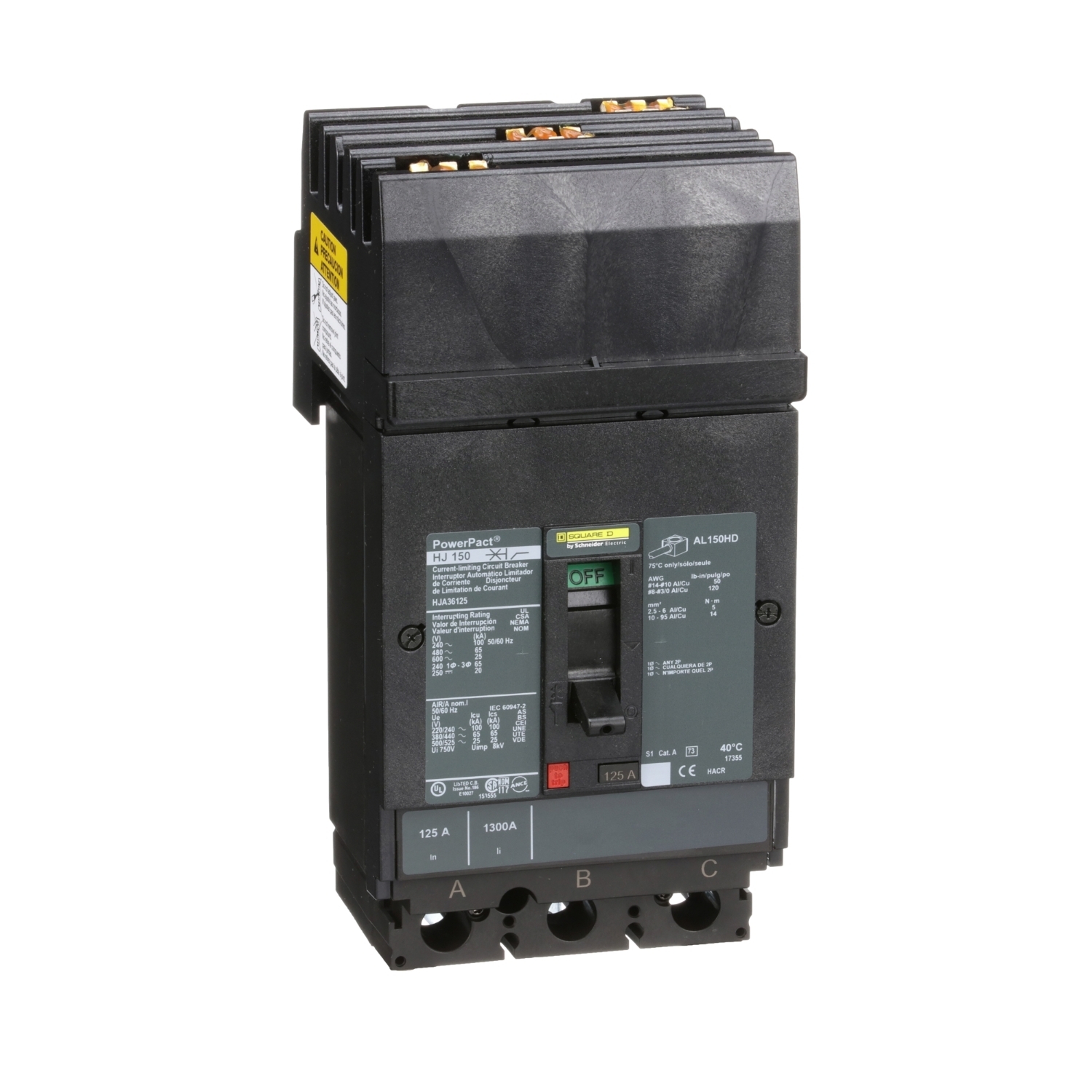 HJA36125 PowerPact 80% Rated Type HJA Molded Case Circuit Breaker, 600 V AC/250 V DC, 125 A, 100 kA at 240 VAC/65 kA at 480 VAC/25 kA at 600 VAC/20 kA at 250VDC Interrupt, 3 Poles, Thermal Magnetic Trip