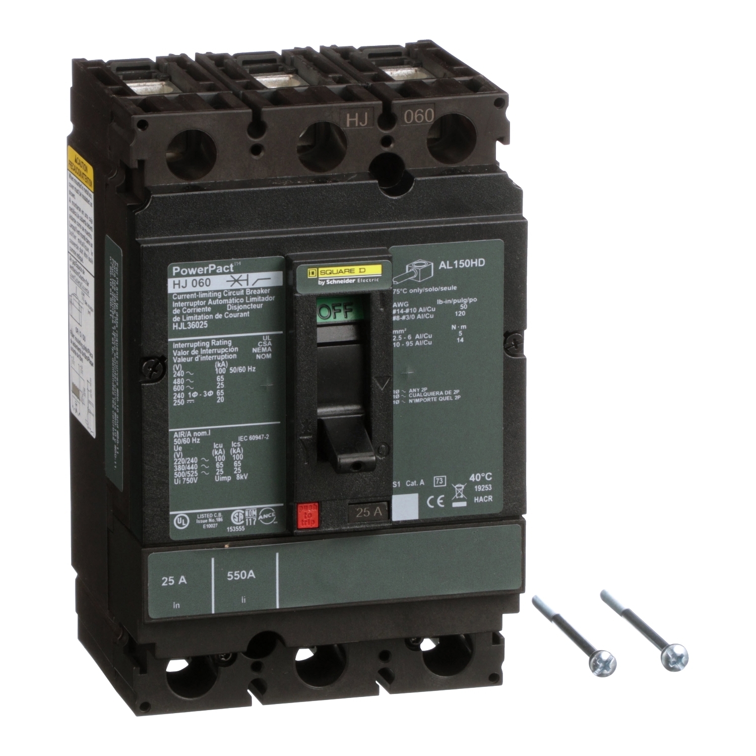 HJL36025 PowerPact 80% Rated Type HJL Molded Case Circuit Breaker, 600 V AC/250 V DC, 25 A, 250 VDC/600 VAC/65 kA at 480 VAC/25 kA at 600 VAC/100 kA at 240 VAC/20 kA at 250 VDC Interrupt, 3 Poles, Thermal Magnetic Trip