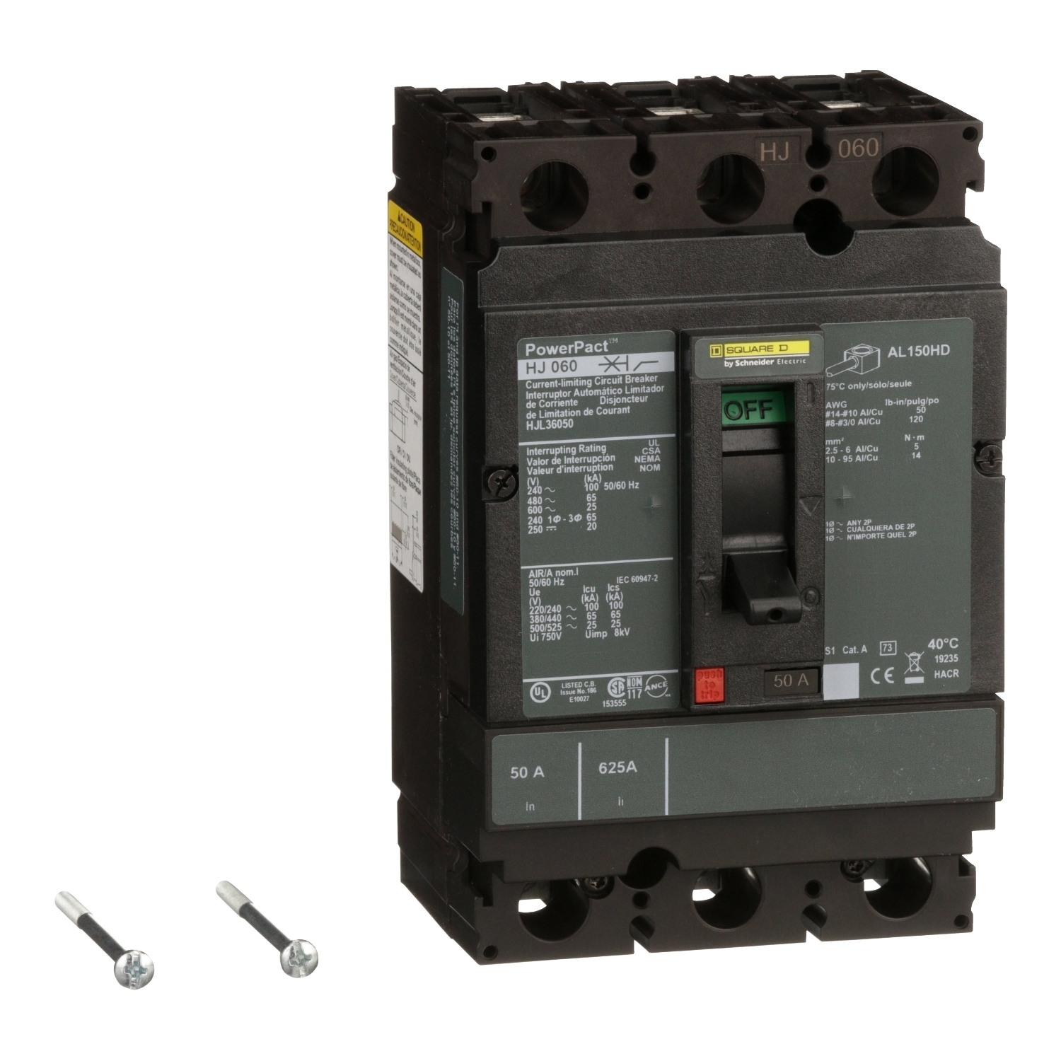 HJL36050 PowerPact 80% Rated Type HJL Molded Case Circuit Breaker, 600 V AC/250 V DC, 50 A, 100 kA at 240 VAC/65 kA at 480 VAC/25 kA at 600 VAC/20 kA at 250VDC Interrupt, 3 Poles, Thermal Magnetic Trip