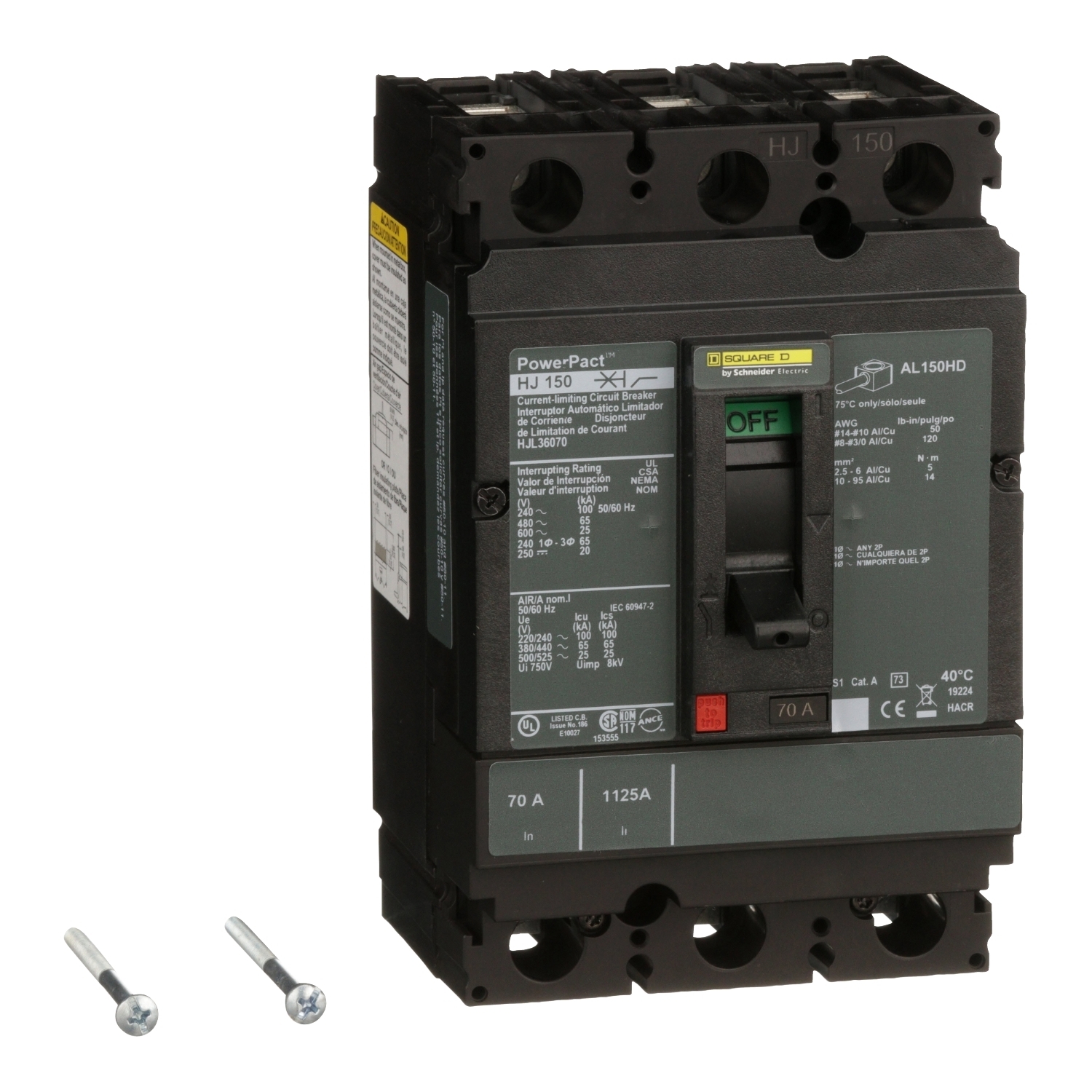 HJL36070 HJL Molded Case Circuit Breaker, 600 V AC/250 V DC, 70 A, 100 kA at 240 VAC/65 kA at 480 VAC/25 kA at 600 VAC/20 kA at 250VDC Interrupt, 3 Poles, Thermal Magnetic Trip