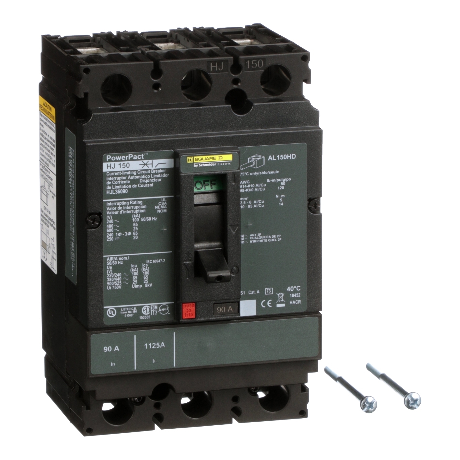 HJL36090 PowerPact 80% Rated Type HJL Molded Case Circuit Breaker, 600 V AC/250 V DC, 90 A, 250 VDC/600 VAC/65 kA at 480 VAC/25 kA at 600 VAC/100 kA at 240 VAC/20 kA at 250 VDC Interrupt, 3 Poles, Thermal Magnetic Trip