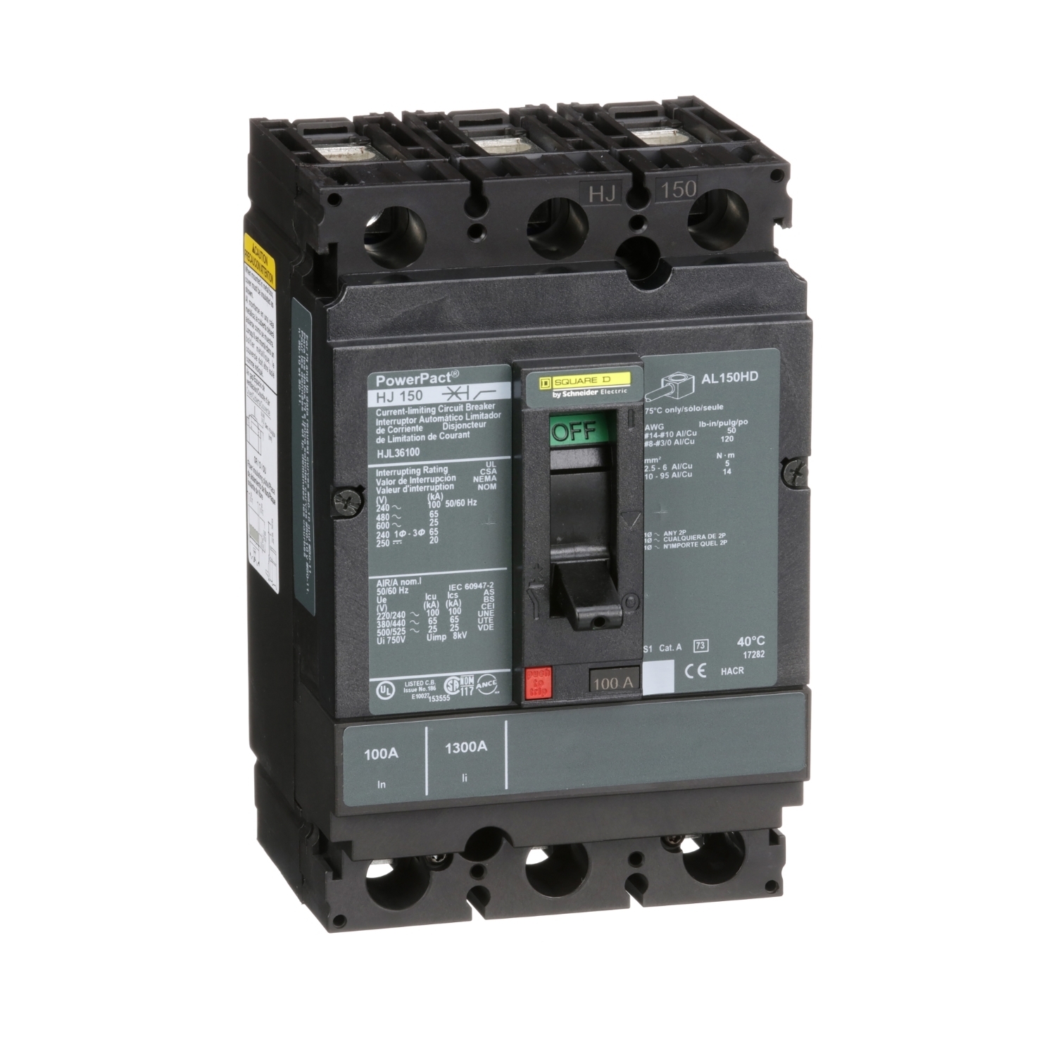 HJL36100 PowerPact 80% Rated Type HJL Molded Case Circuit Breaker, 600 V AC/250 V DC, 100 A, 100 kA at 240 VAC/65 kA at 480 VAC/25 kA at 600 VAC/20 kA at 250VDC Interrupt, 3 Poles, Thermal Magnetic Trip