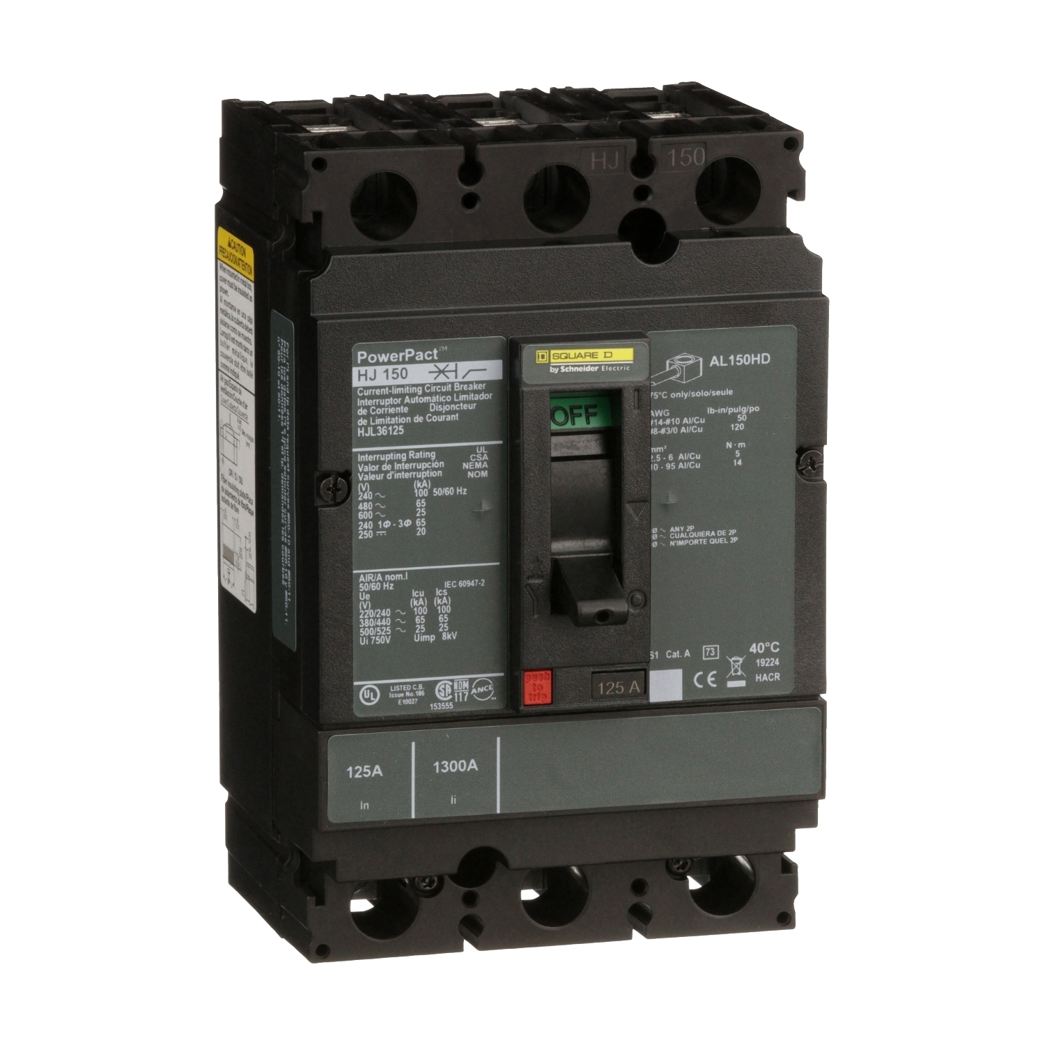 HJL36125 PowerPact 80% Rated Type HJL Molded Case Circuit Breaker, 600 V AC/250 V DC, 125 A, 100 kA at 240 VAC/65 kA at 480 VAC/25 kA at 600 VAC/20 kA at 250VDC Interrupt, 3 Poles, Thermal Magnetic Trip