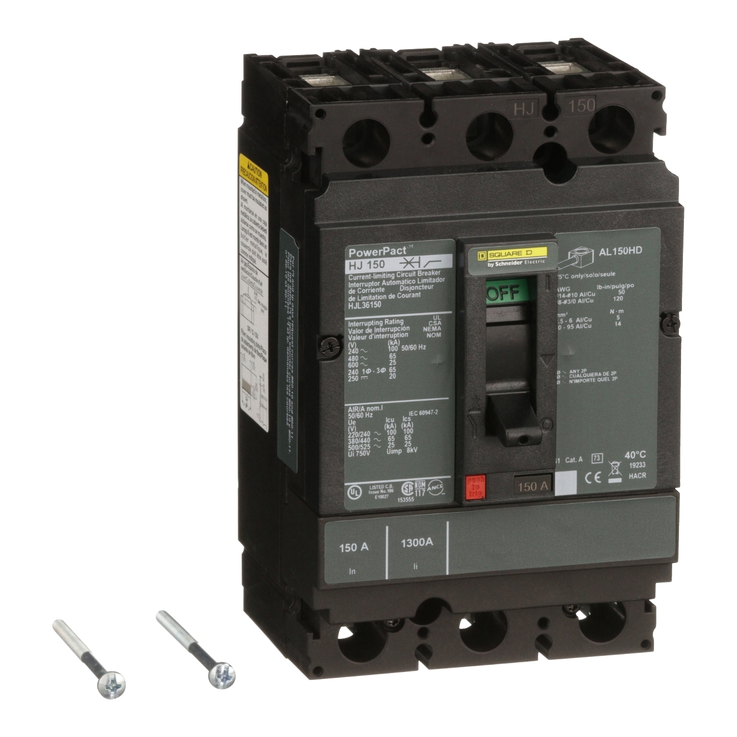 HJL36150 PowerPact 80% Rated Type HJL Molded Case Circuit Breaker, 600 V AC/250 V DC, 150 A, 100 kA at 240 VAC/65 kA at 480 VAC/25 kA at 600 VAC/20 kA at 250VDC Interrupt, 3 Poles, Thermal Magnetic Trip