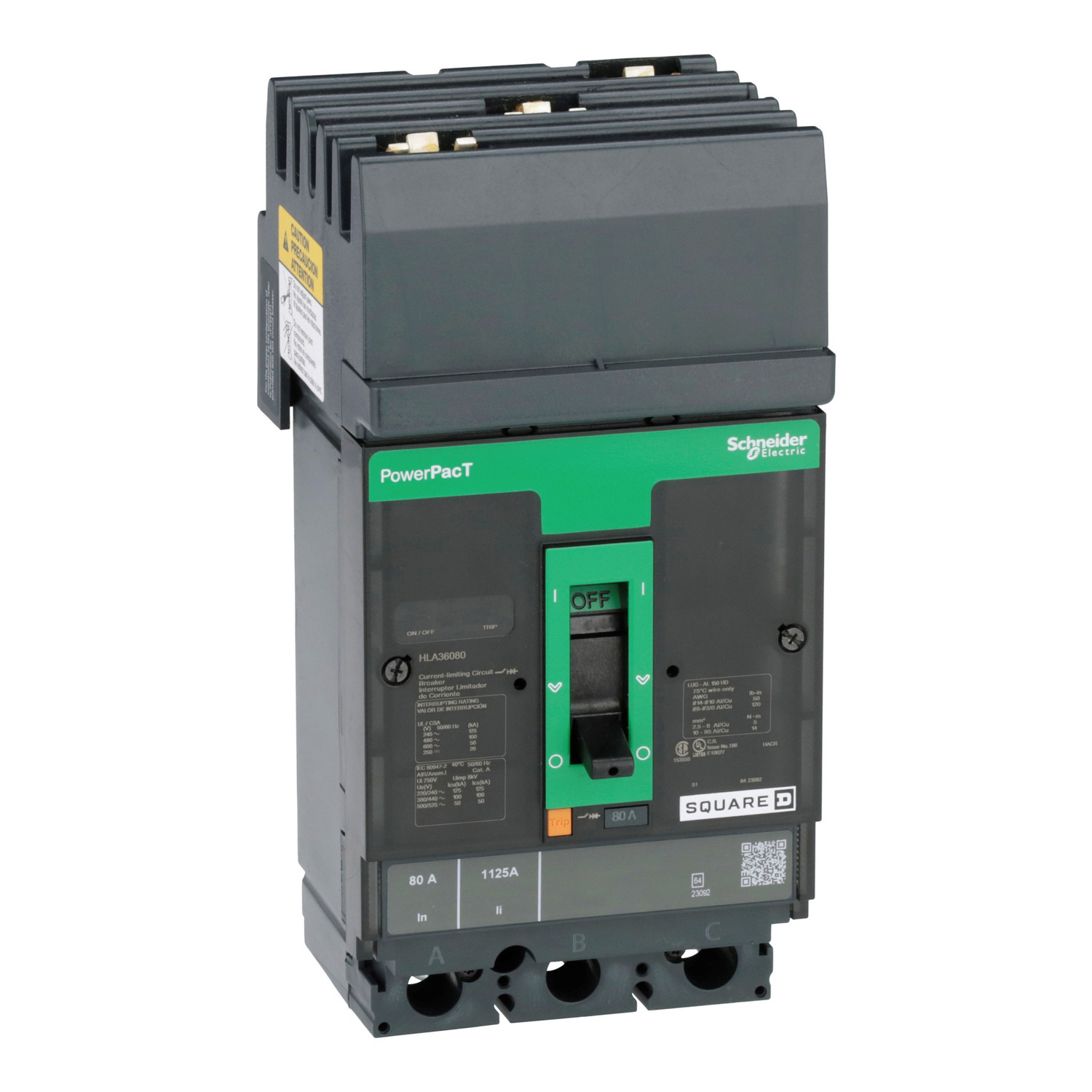 HLA36080 I-Line PowerPact Type HLA Molded Case Circuit Breaker, 600 V AC/250 to 500 V DC, 80 A, 125 kA at 240 VAC/100 kA at 480 VAC/50 kA at 600 VAC/20 kA at 250 VDC/50 kA at 500 VDC Interrupt, 3 Poles, Thermal Magnetic Trip