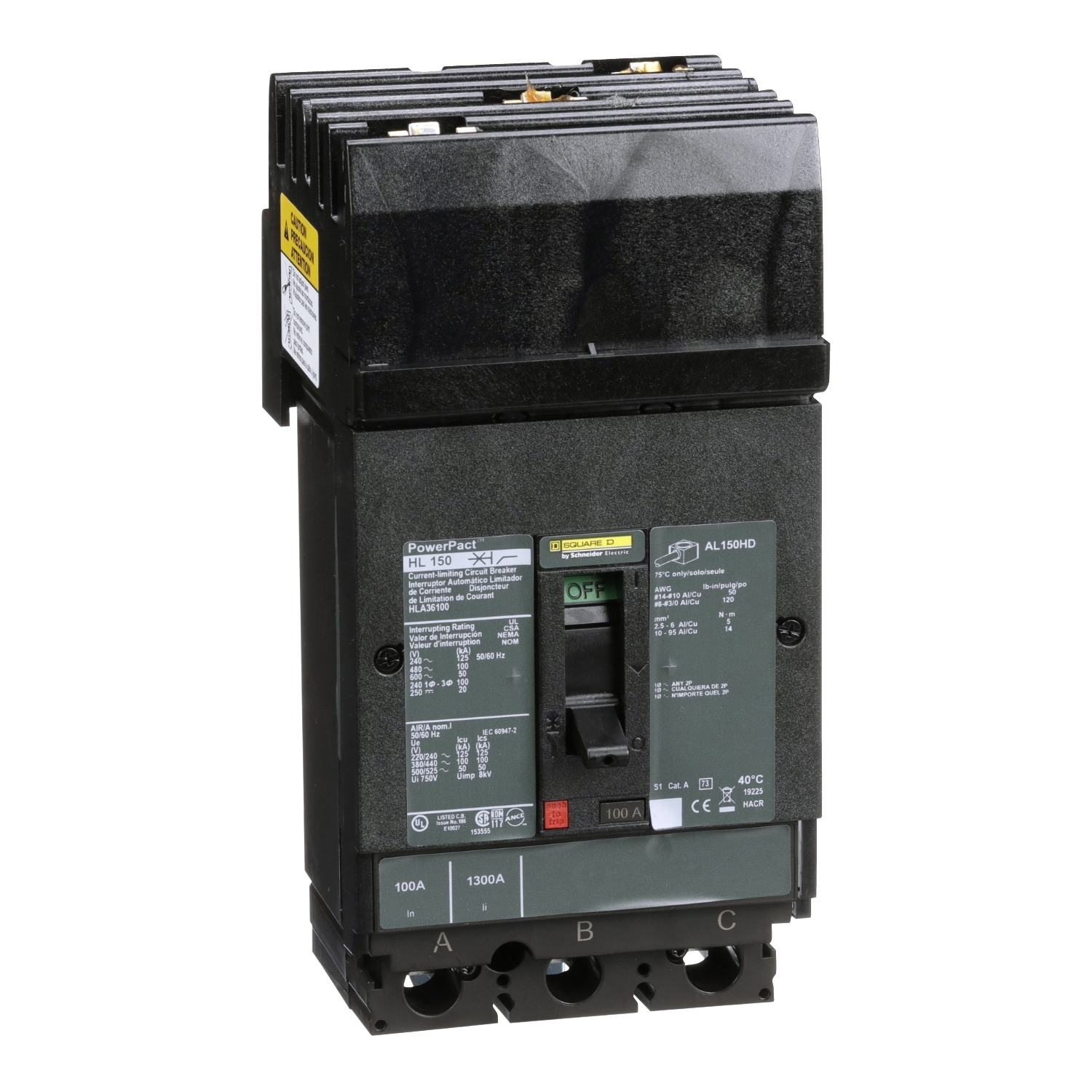 HLA36100 I-Line PowerPact Type HLA Molded Case Circuit Breaker, 600 V AC/250 to 500 V DC, 100 A, 125 kA at 240 VAC/100 kA at 480 VAC/50 kA at 600 VAC/20 kA at 250 VDC/50 kA at 500 VDC Interrupt, 3 Poles, Thermal Magnetic Trip