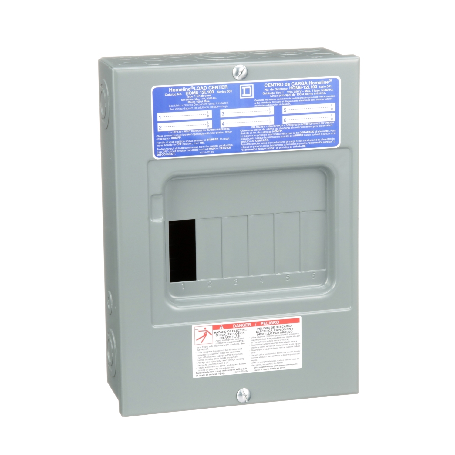 HOM612L100S Homeline Load center, Homeline, 1 phase, 6 spaces, 12 circuits, 100A fixed main lugs, NEMA1, surface cover