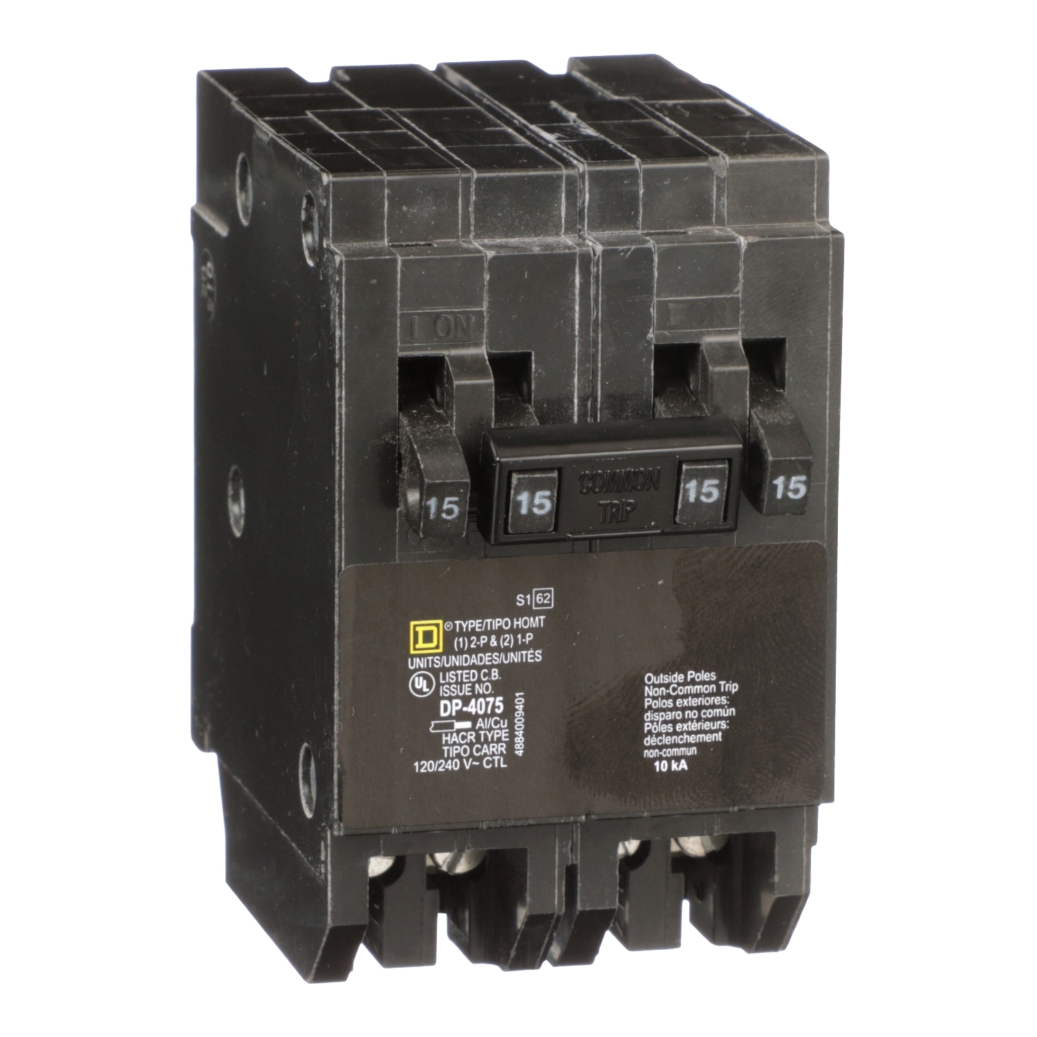HOMT1515225 Homeline Tandem circuit breaker, Homeline, 2 x 1 pole at 15A, 1 x 2 pole at 25A, 120/240VAC, 10kA AIR, plug in, UL