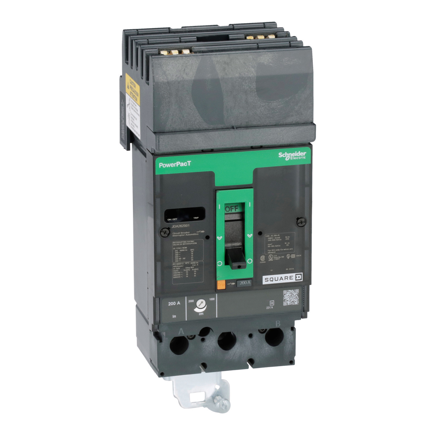 JDA262001 I-Line PowerPact J Type JDA Molded Case Circuit Breaker, 600 V AC/250 V DC, 200 A, 14/18/20/25 kA Interrupt, 2 Poles, Thermal Magnetic Trip