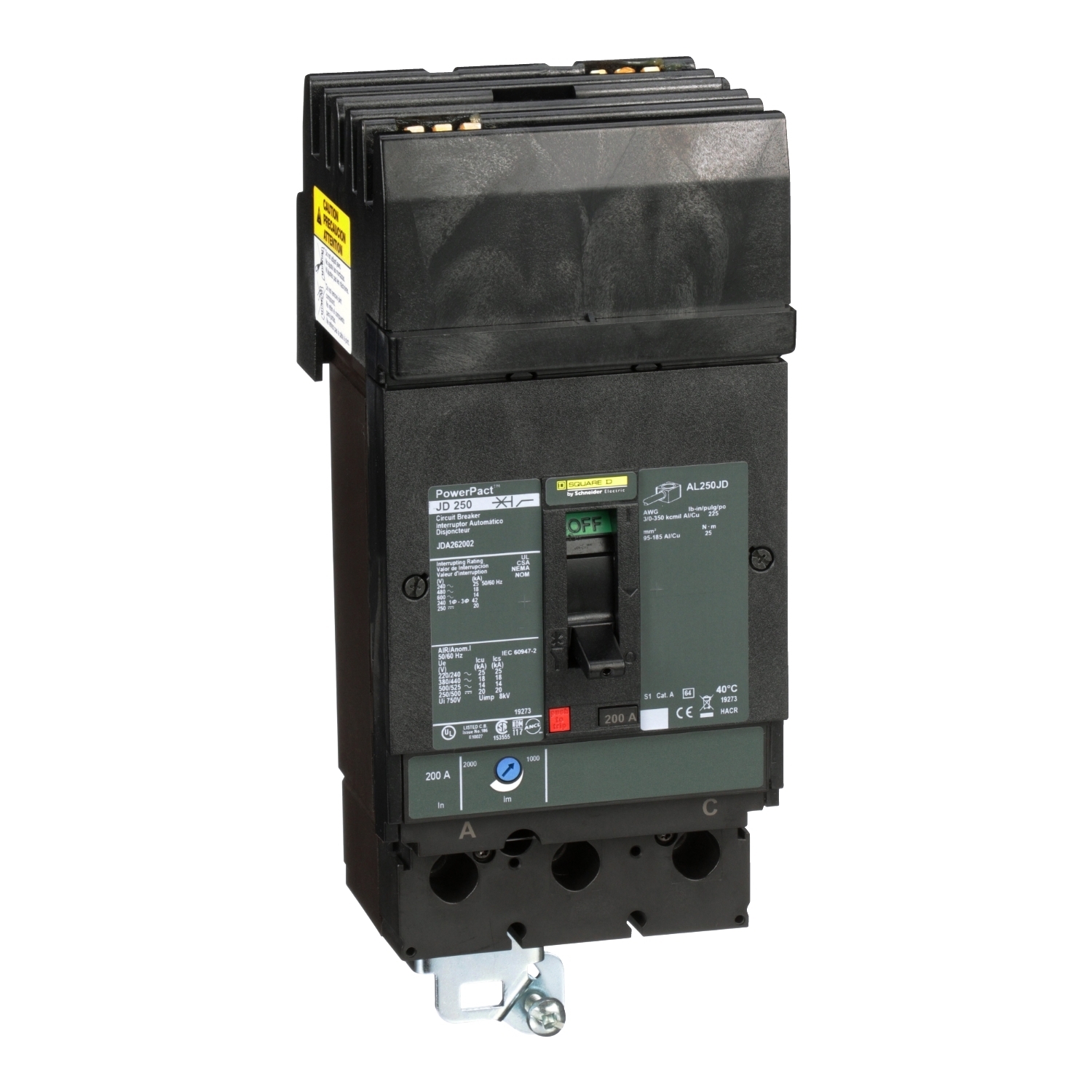 JDA262002 I-Line PowerPact Type JDA Molded Case Circuit Breaker, 600 V AC/250 V DC, 200 A, 14/18/20/25 kA Interrupt, 2 Poles, Thermal Magnetic Trip