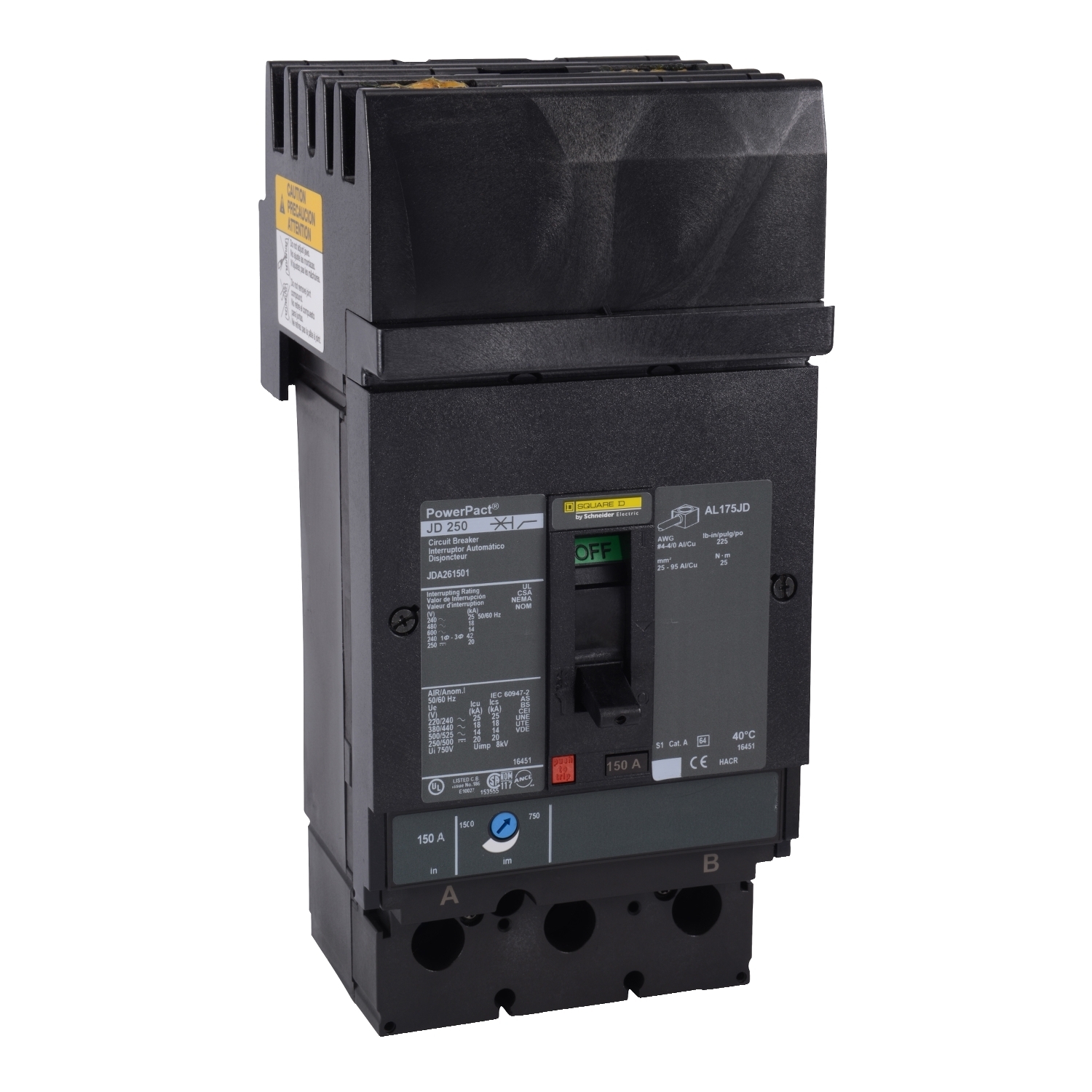JDA262251 I-Line PowerPact J Type JDA Molded Case Circuit Breaker, 600 V AC/250 V DC, 225 A, 25 kA at 240 VAC/18 kA at 480 VAC/14 kA at 600 VAC/20 kA at 250 VDC Interrupt, 2 Poles, Thermal Magnetic Trip