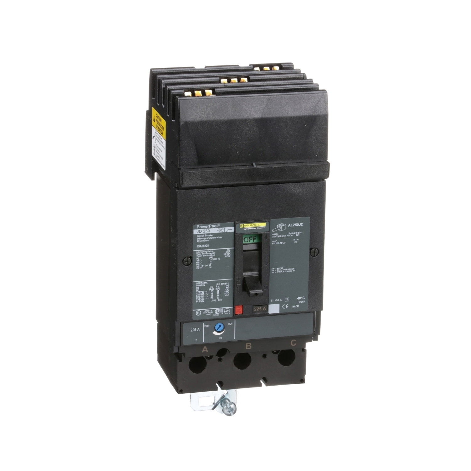 JDA36225 PowerPact Type JDA Molded Case Circuit Breaker, 600 V AC/250 V DC, 225 A, 14/20 kA Interrupt, 3 Poles, Thermal Magnetic Trip