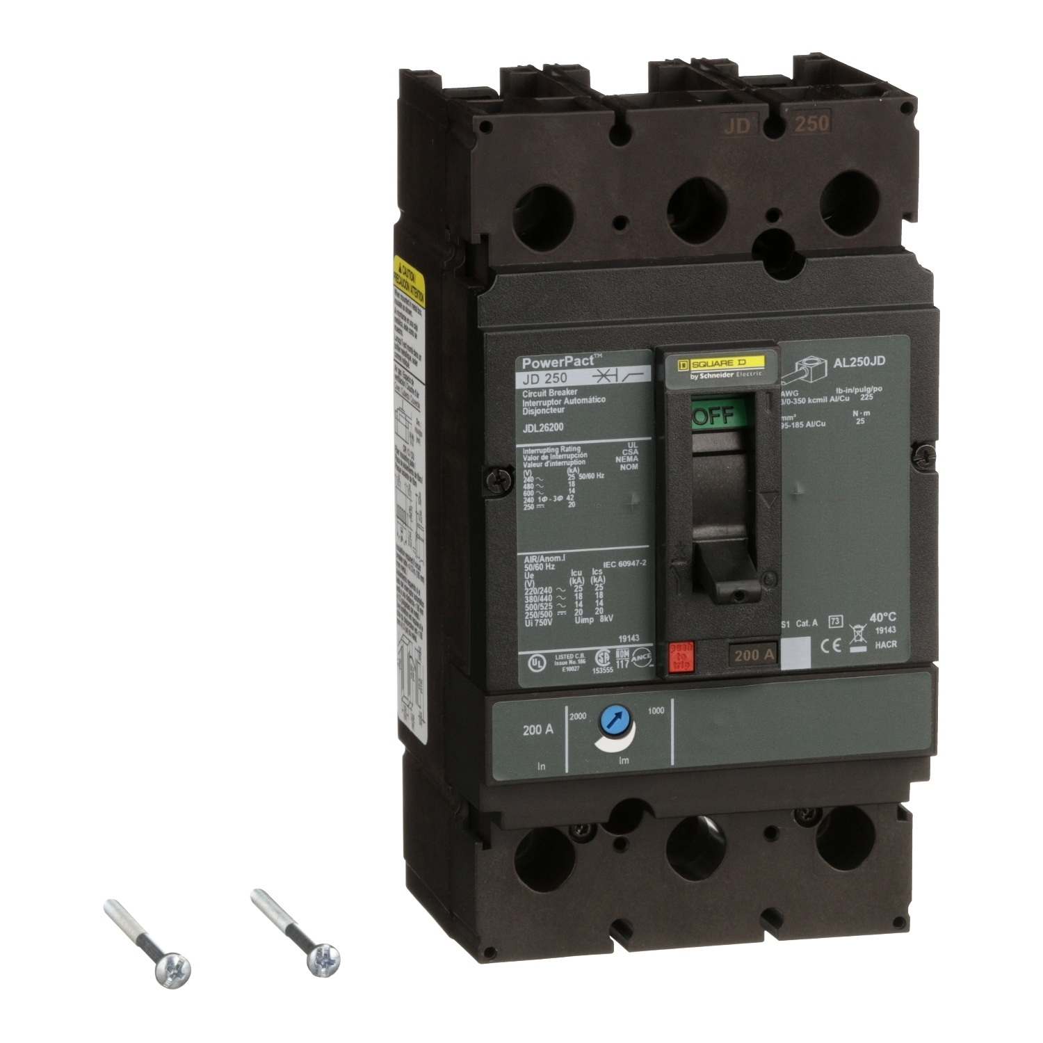 JDL26200 PowerPact Type JDL Molded Case Circuit Breaker, 600 V AC/250 V DC, 200 A, 25 kA at 240 VAC/18 kA at 480 VAC/14 kA at 600 VAC/20 kA at 250VDC Interrupt, 2 Poles, Thermal Magnetic Trip