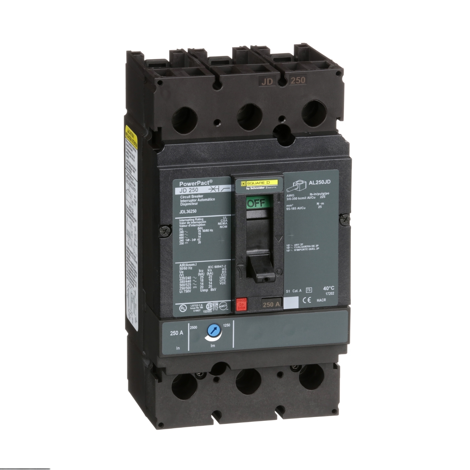 JDL36250 PowerPact Type JDL Molded Case Circuit Breaker, 600 V AC/250 V DC, 250 A, 25 kA at 240 VAC/18 kA at 480 VAC/14 kA at 600 VAC/20 kA at 250VDC Interrupt, 3 Poles, Thermal Magnetic Trip