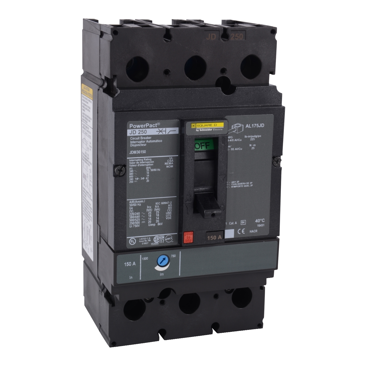 JDM36250 PowerPact Type JDM Molded Case Circuit Breaker, 600 V AC/250 V DC, 250 A, 25 kA at 240 VAC/18 kA at 480 VAC/14 kA at 600 VAC/20 kA at 250 VDC Interrupt, 3 Poles, Thermal Magnetic Trip