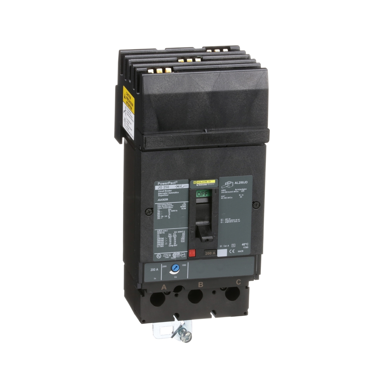 JGA36200 PowerPact Type JGA Standard Molded Case Circuit Breaker, 600 V AC/250 V DC, 200 A, 18/20 kA Interrupt, 3 Poles, Thermal Magnetic Trip