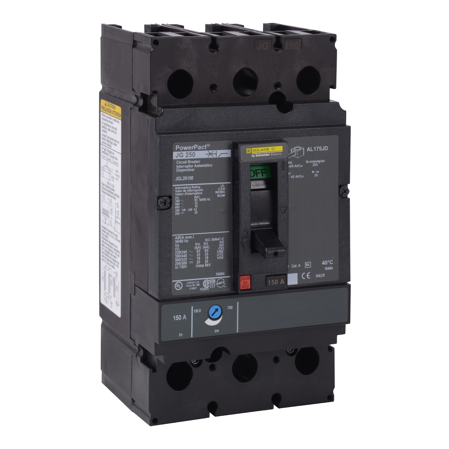 JGL26200 PowerPact Type JGL Molded Case Circuit Breaker, 600 V AC/500 V DC, 200 A, 65 kA at 240 VAC/35 kA at 480 VAC/18 kA at 600 VAC/20 kA at 250/500 VDC Interrupt, 2 Poles, Thermal Magnetic Trip