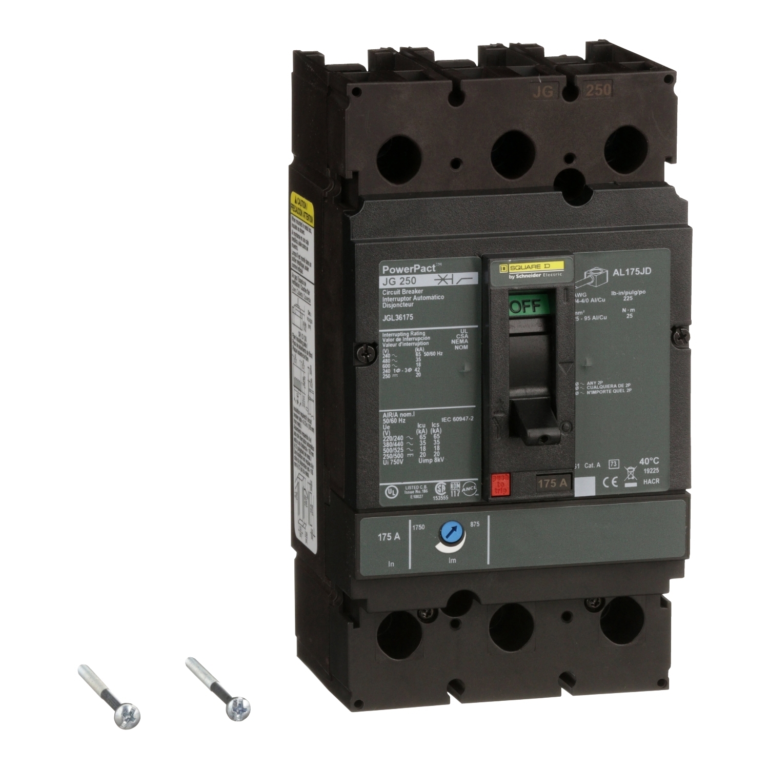 JGL36175 PowerPact Type JGL Molded Case Circuit Breaker, 600 V AC/250 V DC, 175 A, 65 kA at 240 VAC/35 kA at 480 VAC/18 kA at 600 VAC/20 kA at 250VDC Interrupt, 3 Poles, Thermal Magnetic Trip