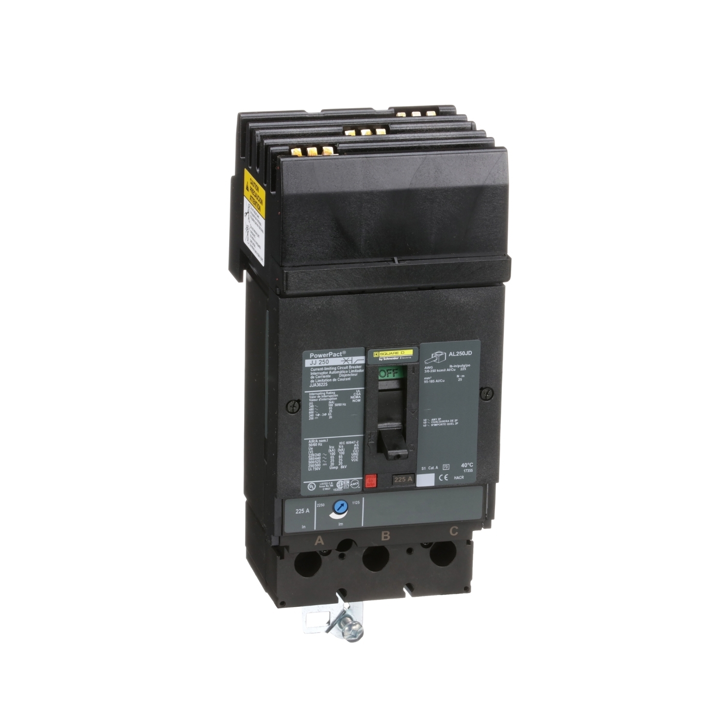 JJA36225 PowerPact Type JJA Molded Case Circuit Breaker, 600 V AC/250 V DC, 225 A, 25/20 kA Interrupt, 3 Poles, Thermal Magnetic Trip