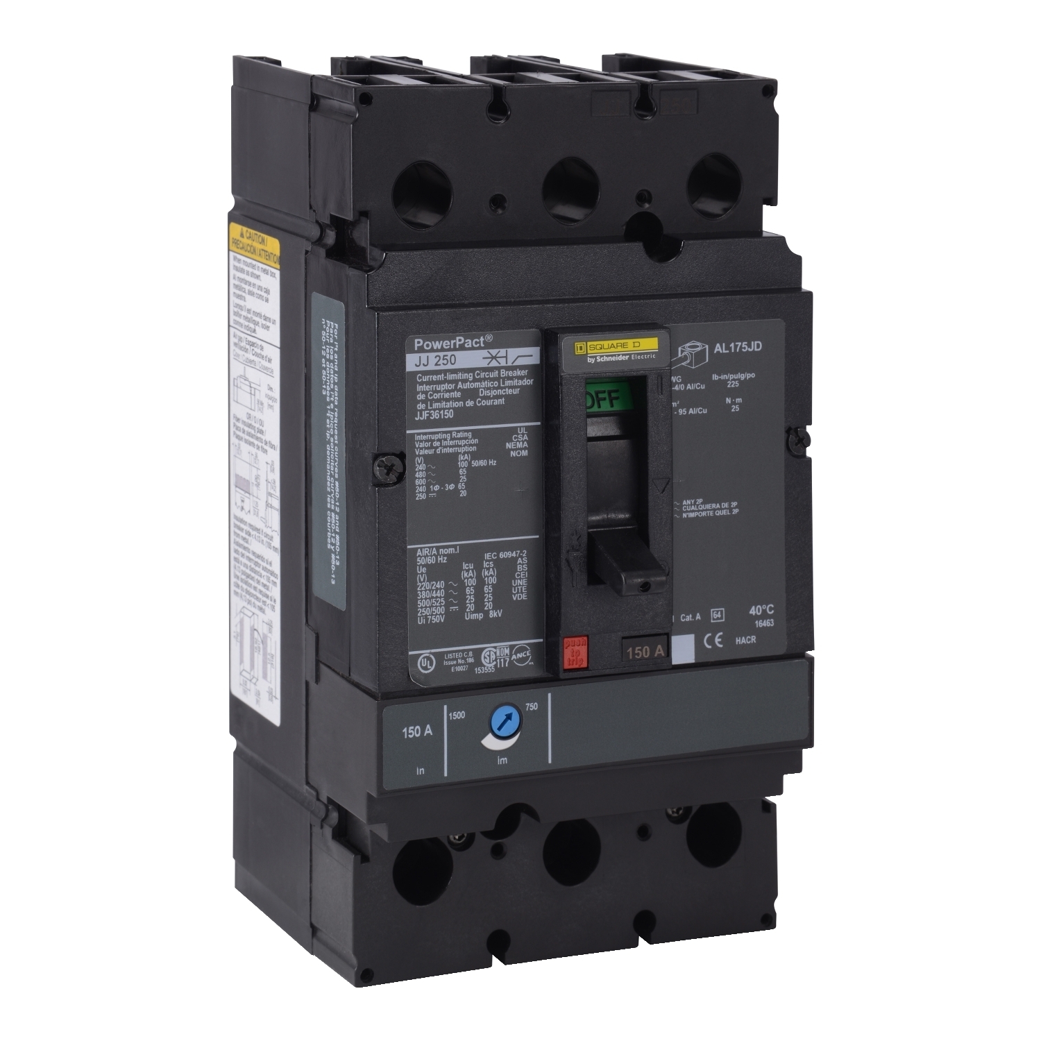 JJL26200 PowerPact Type JJL Molded Case Circuit Breaker, 600 V AC/250 V DC, 200 A, 20/25/65/100 kA Interrupt, 2 Poles, Thermal Magnetic Trip