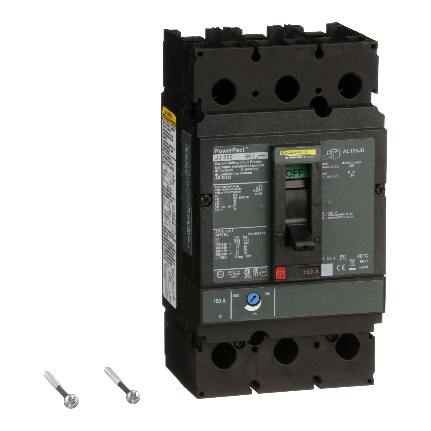 JJL36150 PowerPact Type JJL Molded Case Circuit Breaker, 600 V AC/250 V DC, 150 A, 20 kA at 250 VDC/100 kA at 240 VAC/65 kA at 480 VAC/25 kA at 600 VAC/250 VDC/600 VAC Interrupt, 3 Poles, Thermal Magnetic Trip