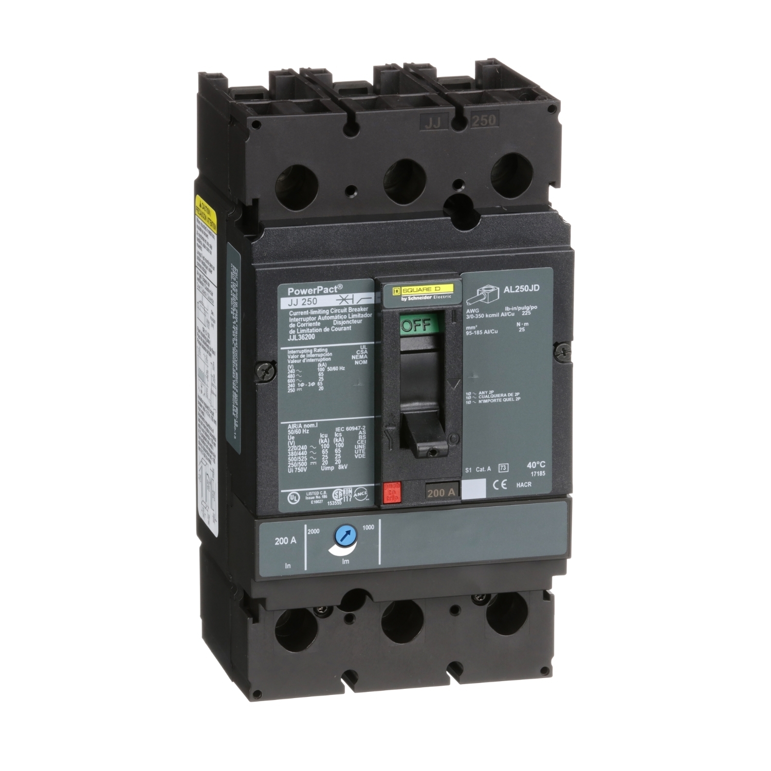 JJL36200 PowerPact Type JJL Molded Case Circuit Breaker, 600 V AC/250 V DC, 200 A, 100 kA at 240 VAC/65 kA at 480 VAC/25 kA at 600 VAC/20 kA at 250VDC Interrupt, 3 Poles, Thermal Magnetic Trip