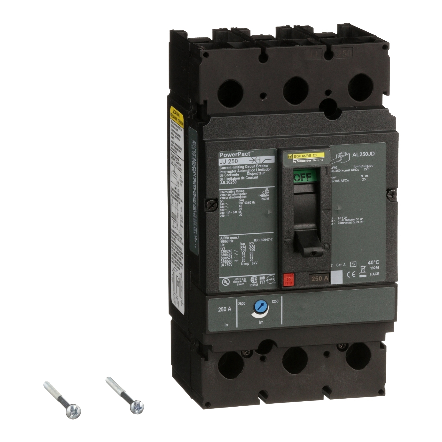 JJL36250 PowerPact Type JJL Molded Case Circuit Breaker, 600 V AC/250 V DC, 250 A, 100 kA at 240 VAC/65 kA at 480 VAC/25 kA at 600 VAC/20 kA at 250VDC Interrupt, 3 Poles, Thermal Magnetic Trip