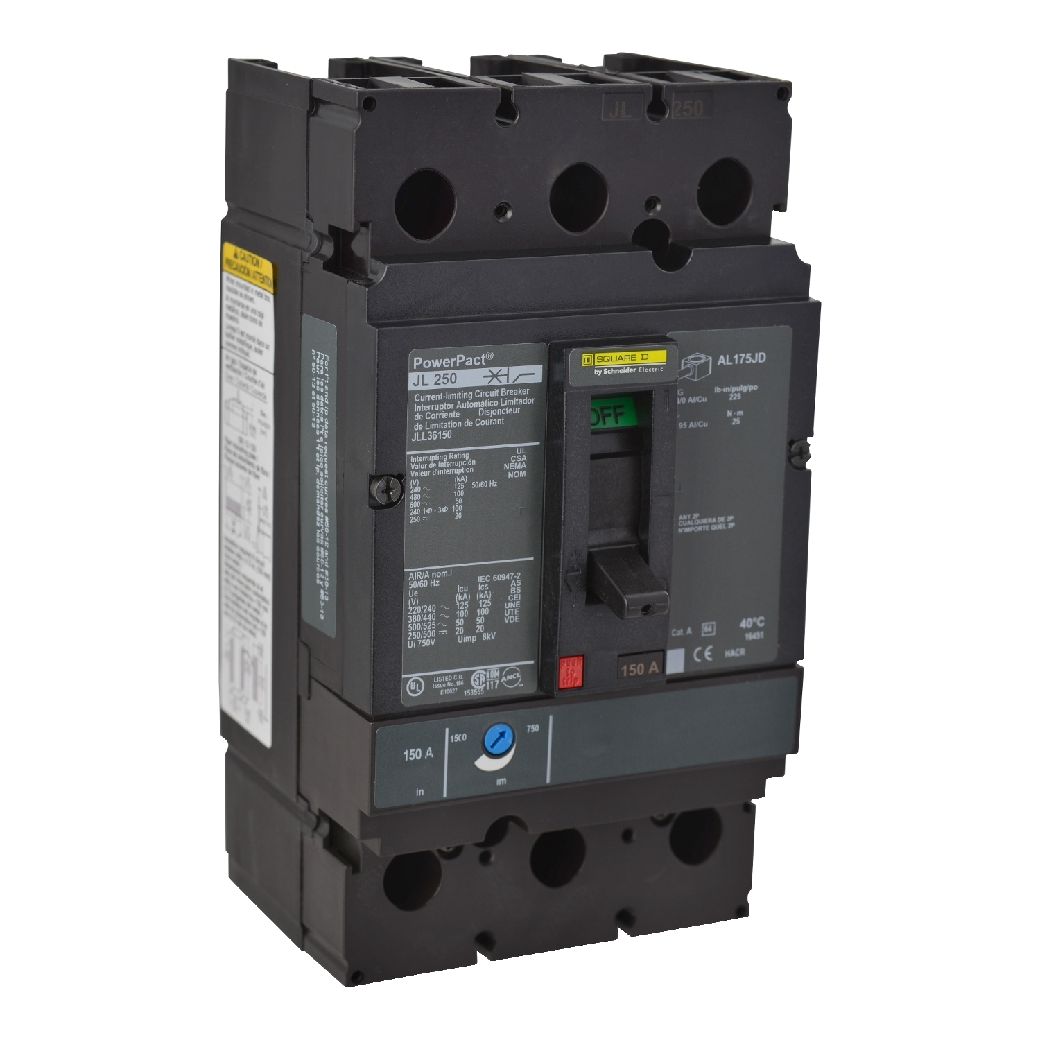 JLL36175 PowerPact Type JLL Molded Case Circuit Breaker, 600 V AC/500 V DC, 175 A, 20 kA at 250 VDC/125 kA at 240 VAC/100 kA at 480 VAC/50 kA at 600 VAC/50 kA at 500 VDC/500 VDC/600 VAC Interrupt, 3 Poles, Thermal Magnetic Trip