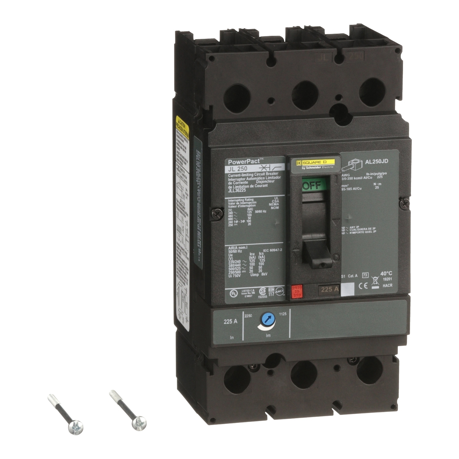 JLL36225 PowerPact Type JLL Molded Case Circuit Breaker, 600 V AC/500 V DC, 225 A, 125 kA at 240 VAC/100 kA at 480 VAC/50 kA at 600 VAC/20 kA at 250 VDC/50 kA at 600 VAC/500 VDC Interrupt, 3 Poles, Thermal Magnetic Trip