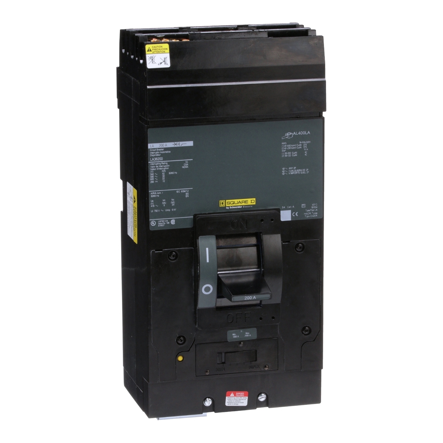 LA36200 I-Line PowerPact Type LA Molded Case Circuit Breaker, 600 V AC/250 V DC, 200 A, 25 kA Interrupt, 3 Poles, Thermal Magnetic Trip