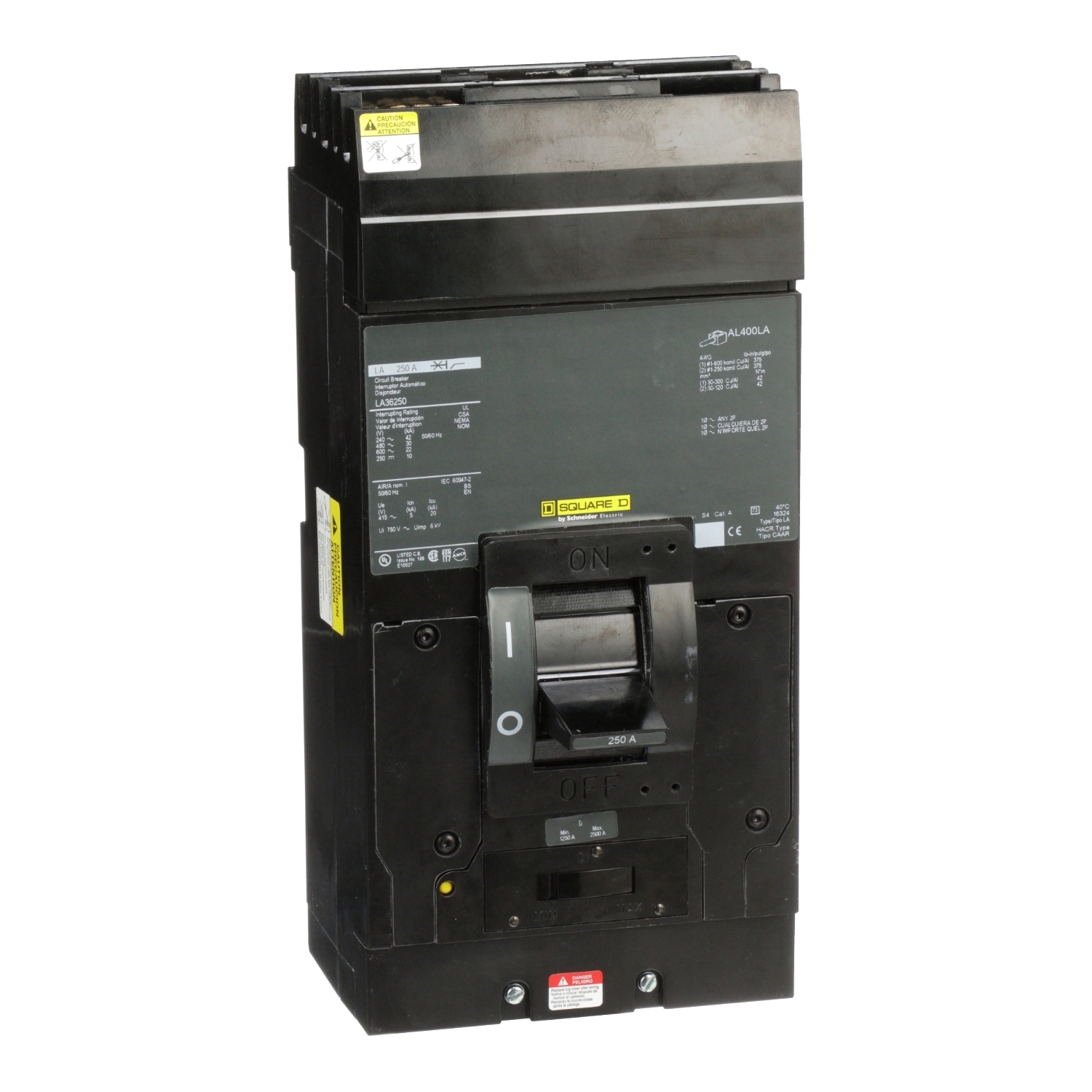 LA36250 I-Line PowerPact Type LA Molded Case Circuit Breaker, 600 V AC/250 V DC, 250 A, 25/42/30 kA Interrupt, 3 Poles, Thermal Magnetic Trip