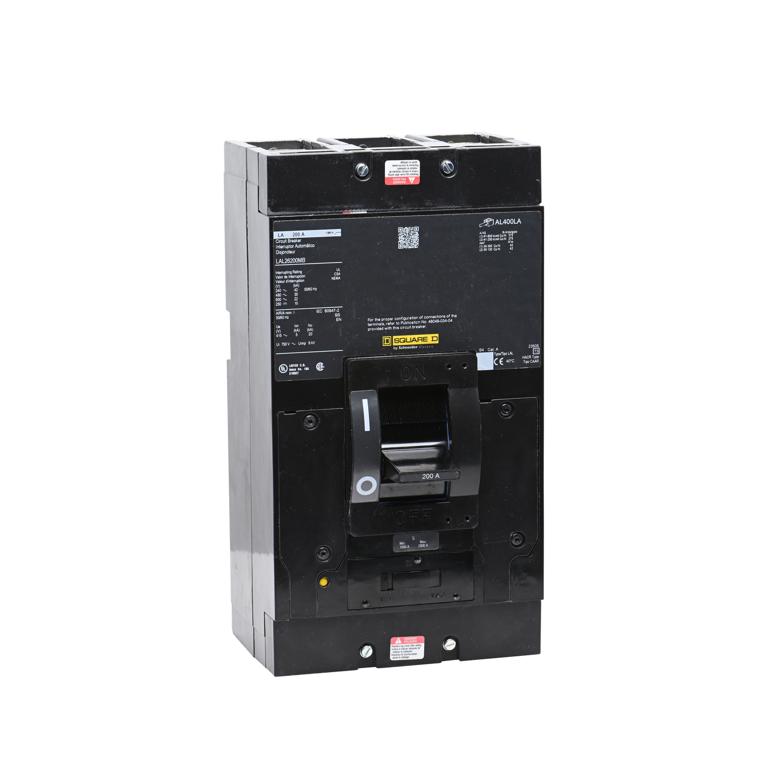 LAL26200MB I-Line Molded Case Circuit Breaker, 600 V AC/250 V DC, 200 A, 10/220 kA Interrupt, 2 Poles, Thermal Magnetic Trip
