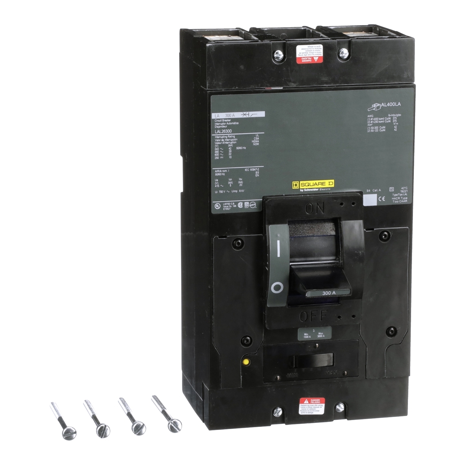 LAL26300 I-Line PowerPact Standard Molded Case Circuit Breaker, 600 V AC/250 V DC, 300 A, 250 VDC/600 VAC/42 kA at 240 VAC/30 kA at 480 VAC/22 kA at 600 VAC/10 kA at 125 VDC/10 kA at 250 VDC Interrupt, 2 Poles, Thermal Magnetic Trip