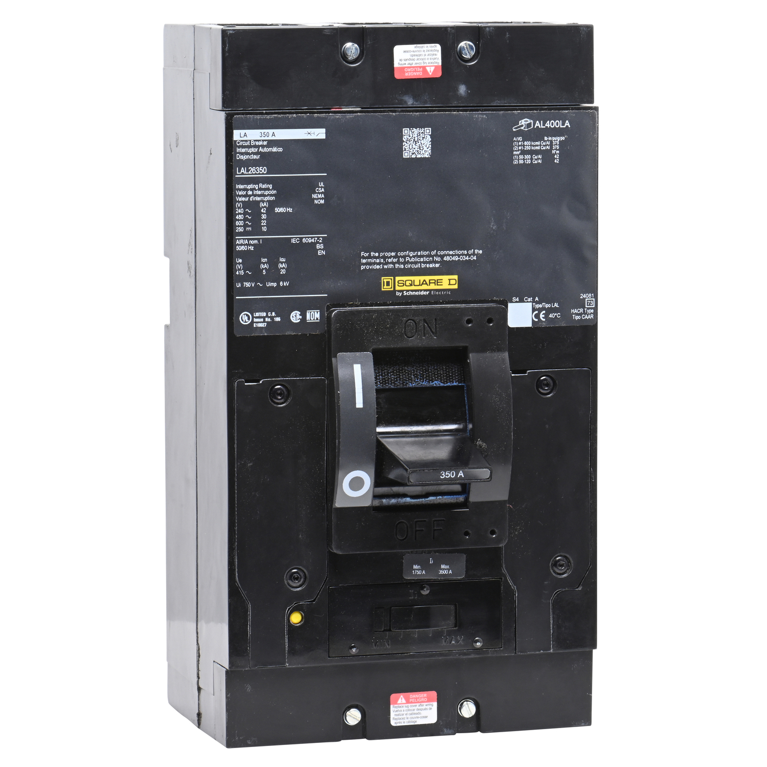 LAL26350 I-Line PowerPact Type LAL Molded Case Circuit Breaker, 600 V AC/250 V DC, 350 A, 250 VDC/600 VAC/42 kA at 240 VAC/30 kA at 480 VAC/22 kA at 600 VAC/10 kA at 125 VDC/10 kA at 250 VDC Interrupt, 2 Poles, Thermal Magnetic Trip