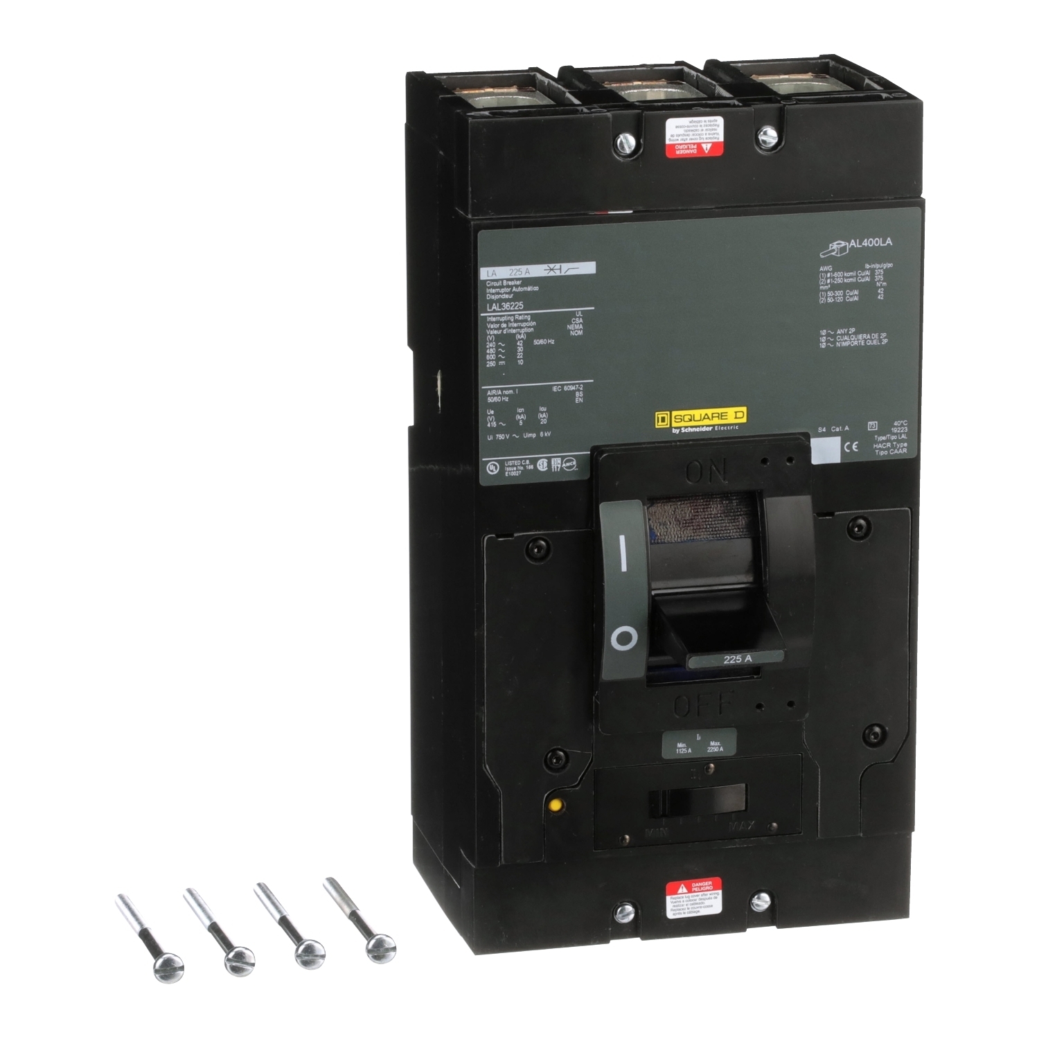 LAL36225 I-Line PowerPact Type LAL Molded Case Circuit Breaker, 600 V AC/250 V DC, 225 A, 250 VDC/600 VAC/42 kA at 240 VAC/30 kA at 480 VAC/22 kA at 600 VAC/10 kA at 125 VDC/10 kA at 250 VDC Interrupt, 3 Poles, Thermal Magnetic Trip