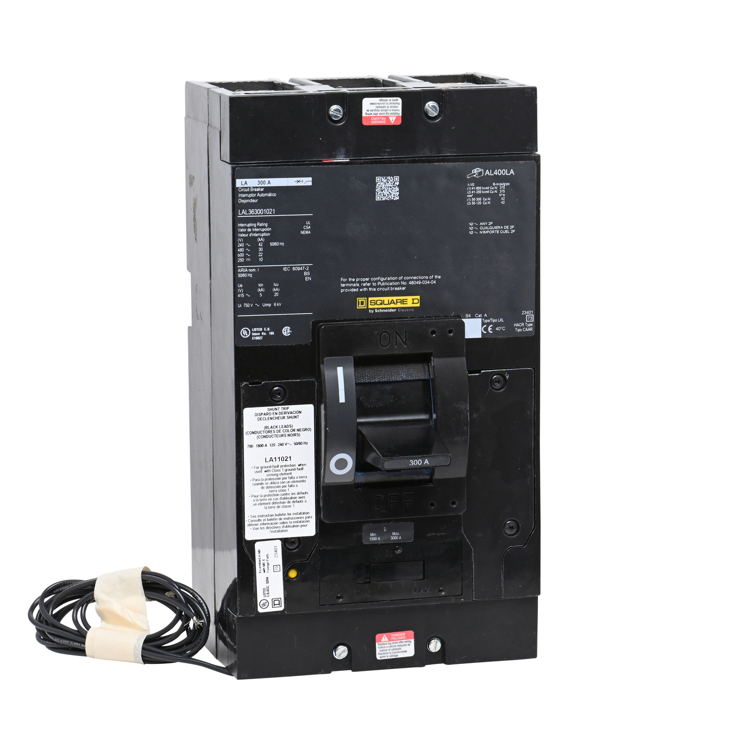 LAL363001021 I-Line PowerPact Type LAL Molded Case Circuit Breaker, 600 V AC/250 V DC, 300 A, 250 VDC/600 VAC/42 kA at 240 VAC/30 kA at 480 VAC/22 kA at 600 VAC/10 kA at 125 VDC/10 kA at 250 VDC Interrupt, 3 Poles