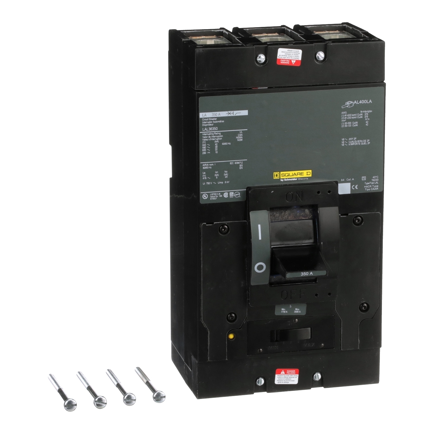 LAL36350 I-Line PowerPact Type LAL Molded Case Circuit Breaker, 600 V AC/250 V DC, 350 A, 250 VDC/600 VAC/42 kA at 240 VAC/30 kA at 480 VAC/22 kA at 600 VAC/10 kA at 125 VDC/10 kA at 250 VDC Interrupt, 3 Poles, Thermal Magnetic Trip