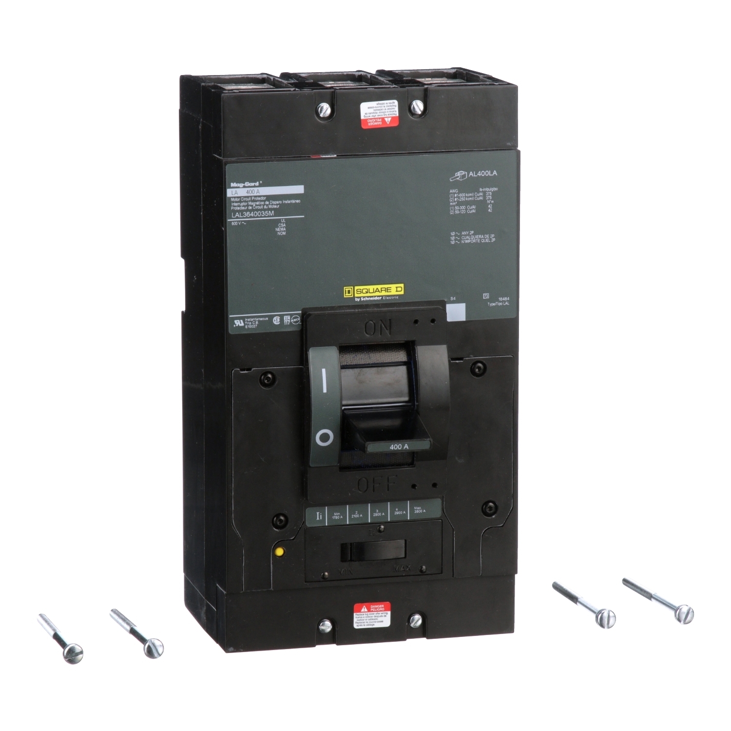 LAL3640035M PowerPact Mag-Gard Type LAL Motor Circuit Protector, 600 V AC/250 V DC, 400 A, 42 kA at 240 VAC/30 kA at 480 VAC/22 kA at 600 VAC/10 kA at 125/250 VDC Interrupt, 3 Poles, Thermal Magnetic Trip