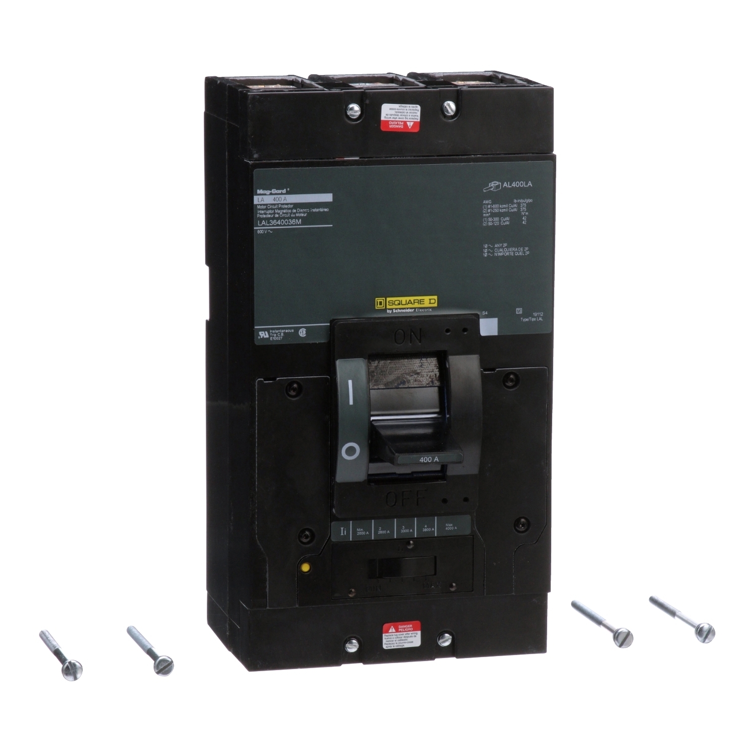 LAL3640036M PowerPact Mag-Gard Type LAL Motor Circuit Protector, 600 V AC/250 V DC, 400 A, 42 kA at 240 VAC/30 kA at 480 VAC/22 kA at 600 VAC/10 kA at 125/250 VDC Interrupt, 3 Poles, Thermal Magnetic Trip