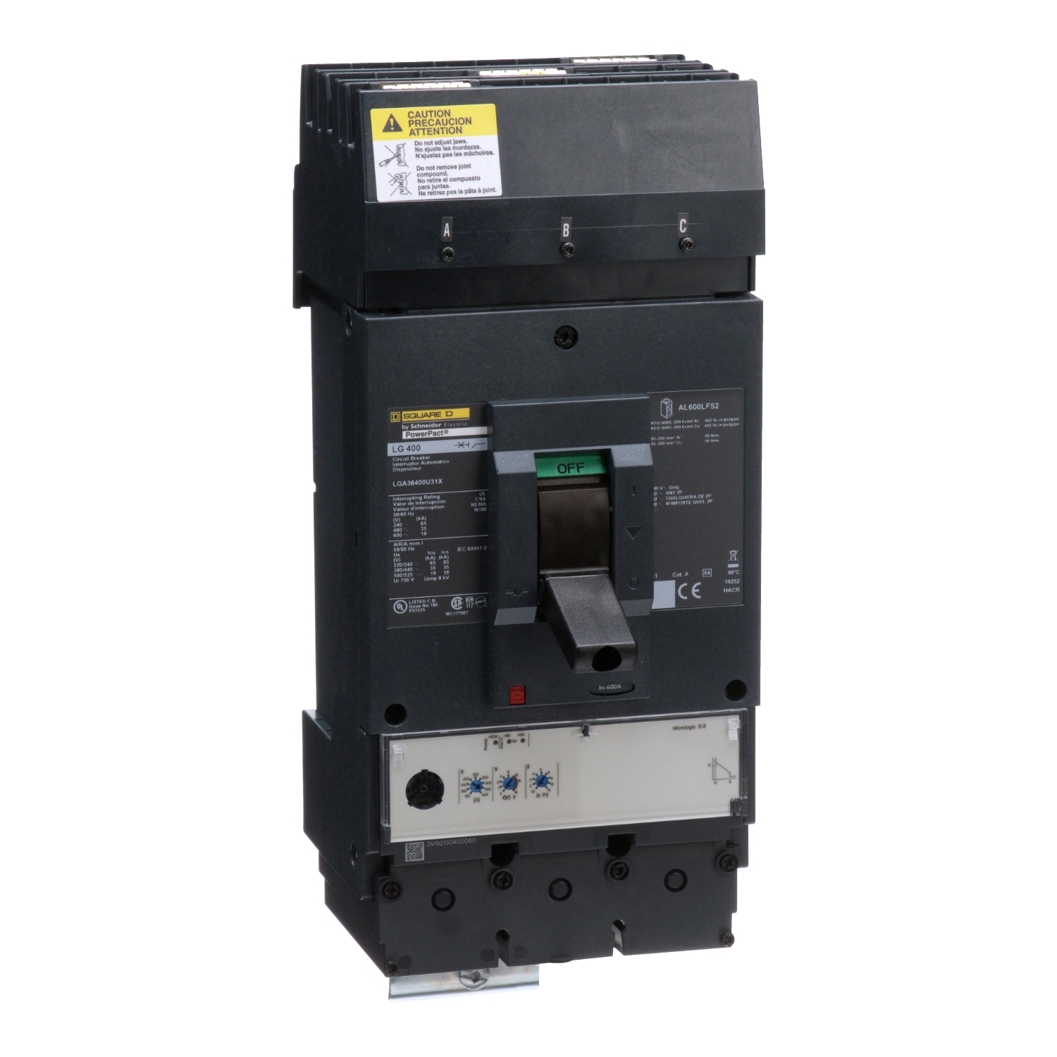 LGA36400U31X I-Line PowerPact 80% Rated Molded Case Circuit Breaker, 600 V AC, 400 A, 18 kA Interrupt, 3 Poles, Electronic Trip