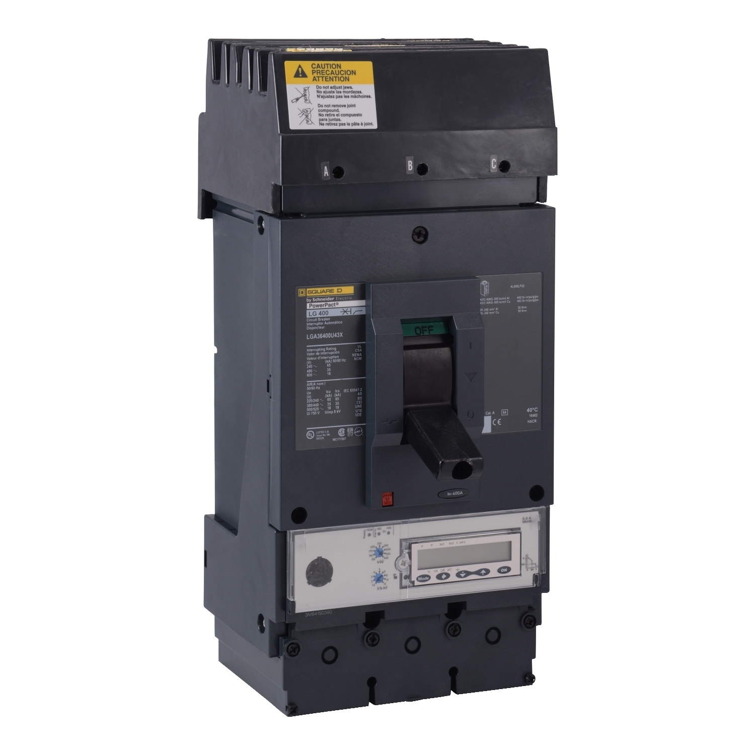 LGA36400U43X I-Line PowerPact 80% Rated L Molded Case Circuit Breaker, 600 V AC, 400 A, 65 kA at 240 V AC/35 kA at 480 V AC/18 kA at 600 V AC Interrupt, 3 Poles, Electronic Trip