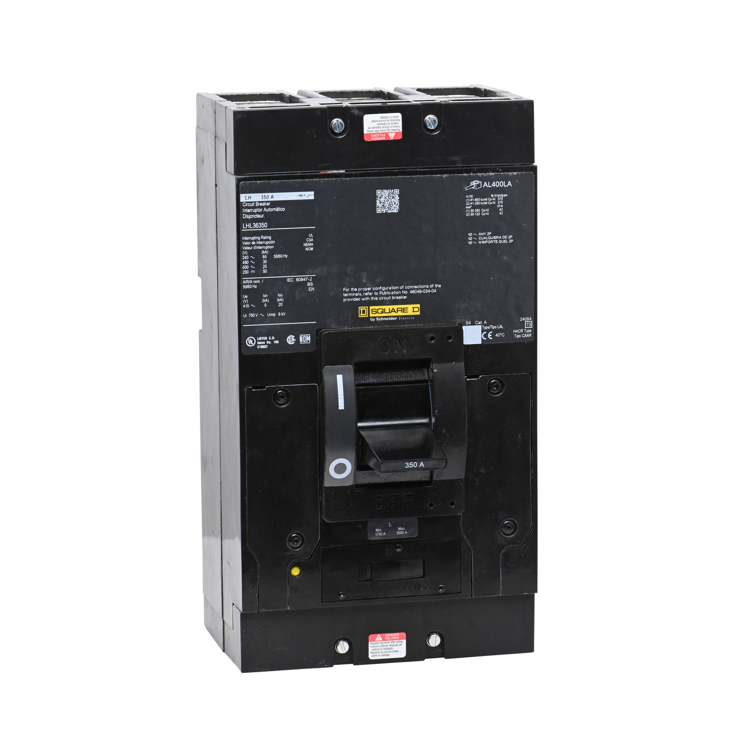 LHL36350 Molded Case Circuit Breaker, 600 V AC/250 V DC, 350 A, 250 VDC/600 VAC/50 kA at 125 VDC/50 kA at 250 VDC Interrupt, 3 Poles, Thermal Magnetic Trip