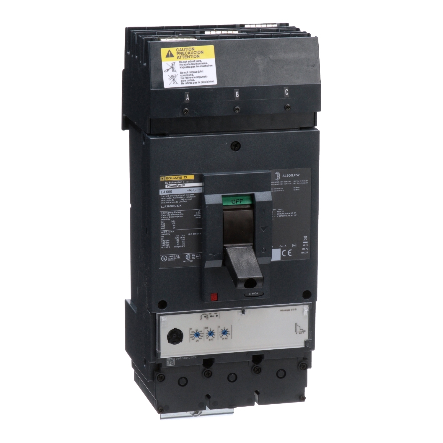 LJA36600U33X I-Line PowerPact Standard L Molded Case Circuit Breaker, 600 V AC, 600 A, 100 kA at 240 V AC/65 kA at 480 V AC/25 kA at 600 V AC Interrupt, 3 Poles, Electronic Trip