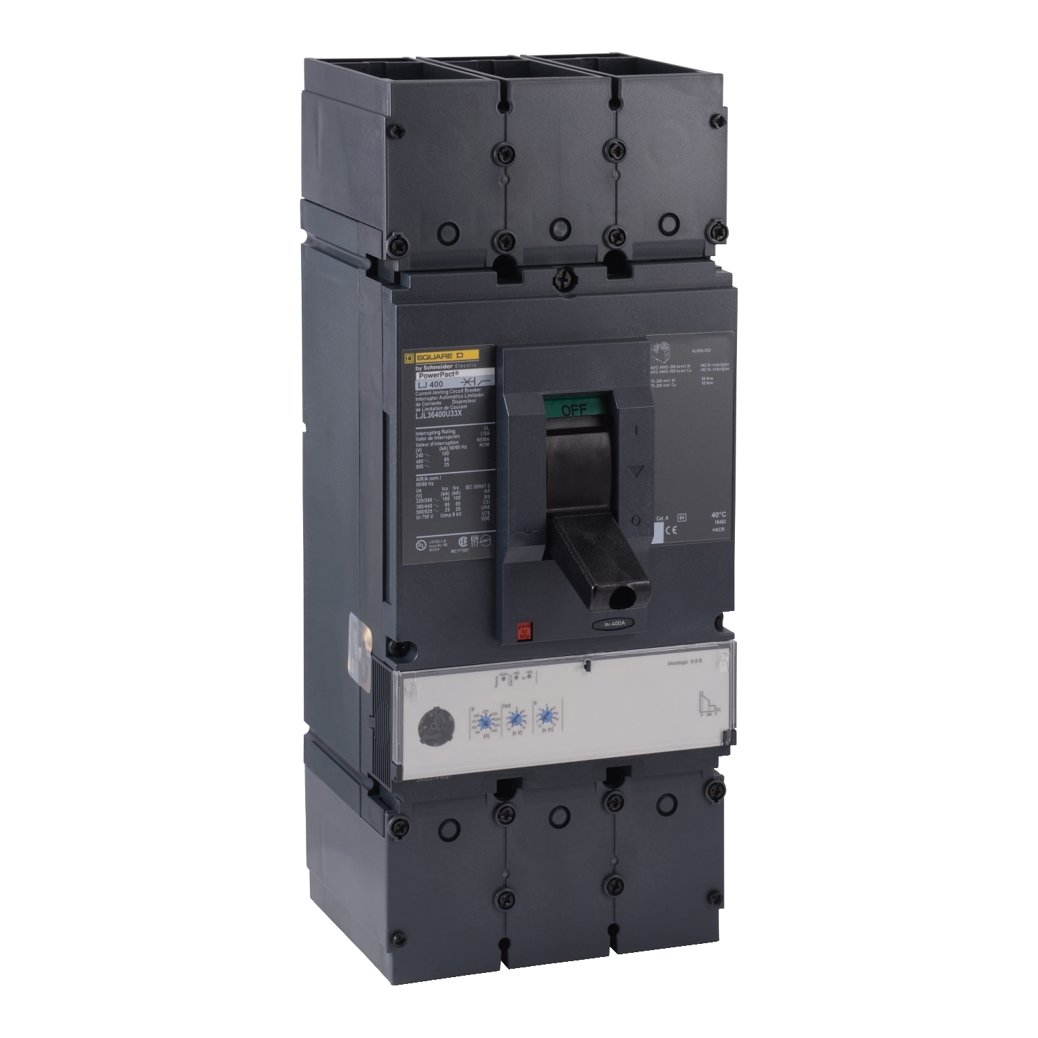 LJL36400U33X PowerPact 80% Rated Standard Molded Case Circuit Breaker, 600 V AC, 400 A, 600 V AC/65 kA at 480 V AC/25 kA at 600 V AC/100 kA at 240 V AC Interrupt, 3 Poles, Electronic Trip