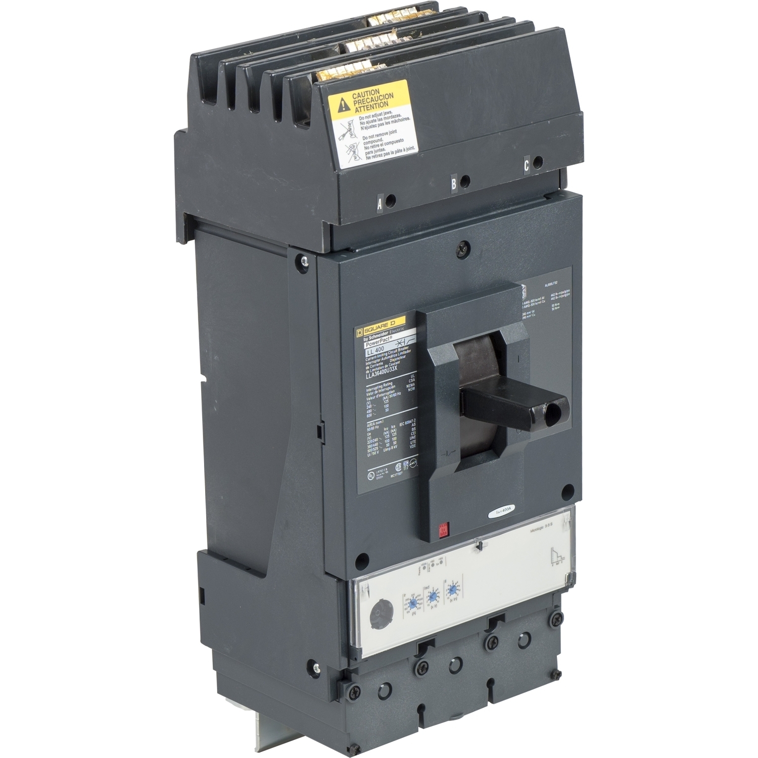 LLA36400U33X I-Line PowerPact Standard L Molded Case Circuit Breaker, 600 V AC, 400 A, 125 kA at 240 V AC/100 kA at 480 V AC/50 kA at 600 V AC Interrupt, 3 Poles, Electronic Trip