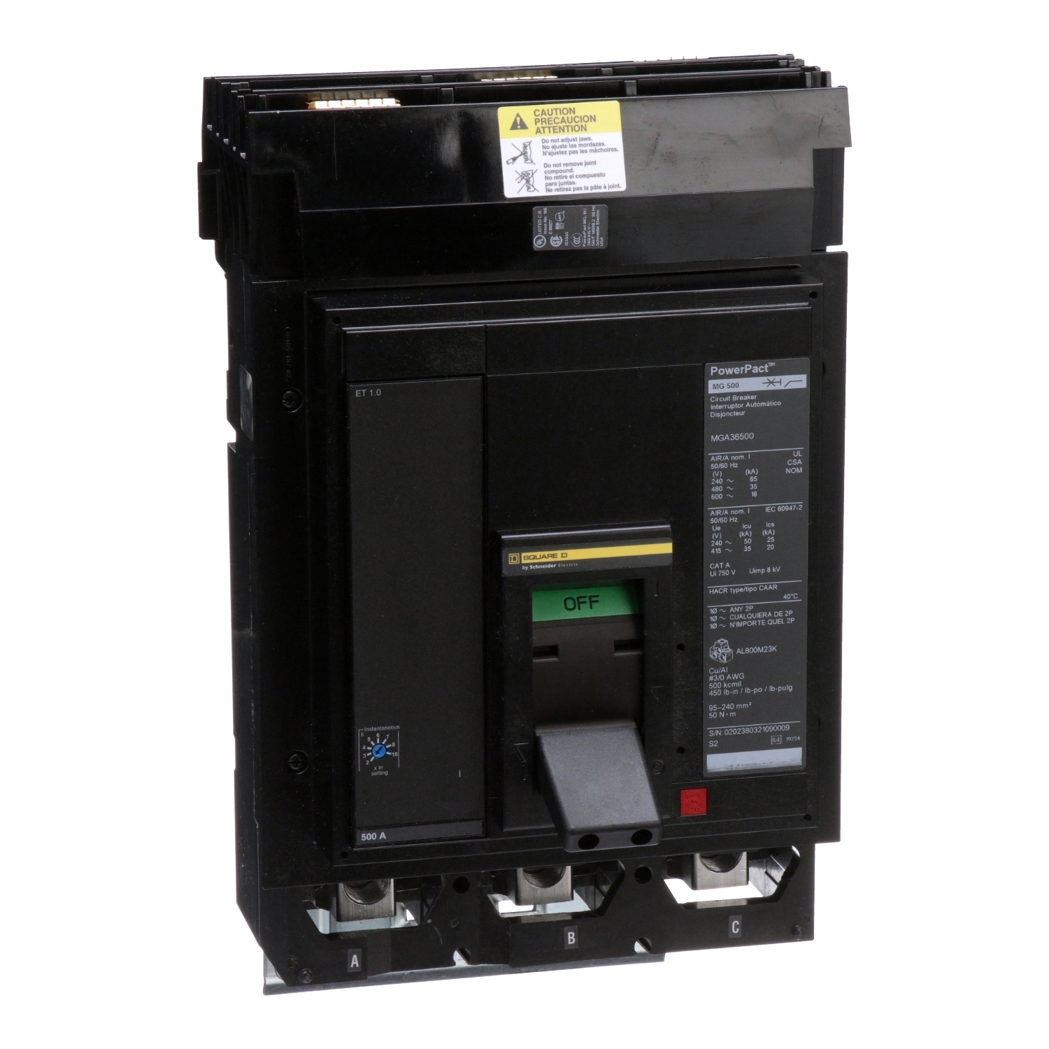MGA36500 Molded Case Circuit Breaker, 500 Amp, 3 Pole, 600V